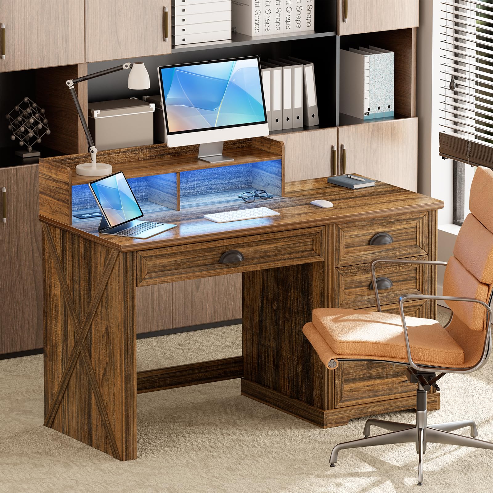 Lareth Computer Desk with Monitor Stand, Farmhouse Home Office Desk with LED Lights Power Outlets, 47 inch Wooden Workstation with Storage File Cabinet for Gaming Studying Working, Walnut: Natural