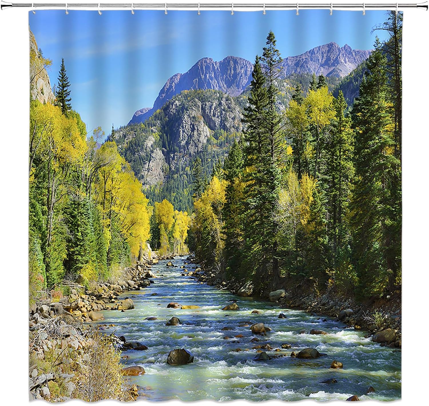 Mountain Shower Curtain Mountain Forest Stream Pines Trees Nature Landscape Scenery Outdoor Theme Fabric Bathroom Decor with Hooks(74.8" Wx70 H)