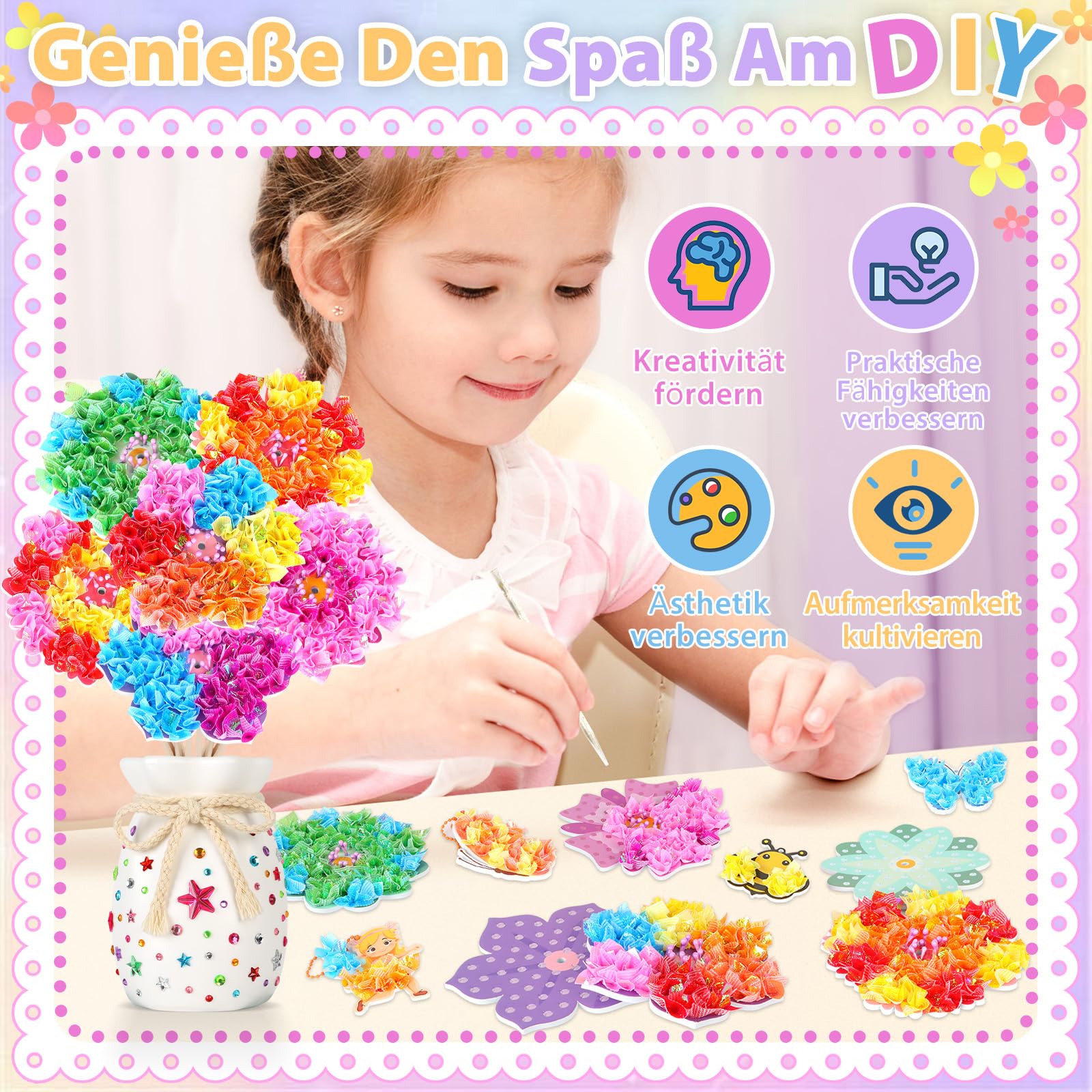 Aragallant 16Pezzi Kit Lavoretti Creativi Per Bambini - Con Vaso & 8 Fiori & 2 Farfalle & 2 Elfi & 2 api & 2 Insetti, Fiori Fai Da Te per Bambine 4 5 6 7 8 Anni, Regali per Bambini e Bambine per Comp
