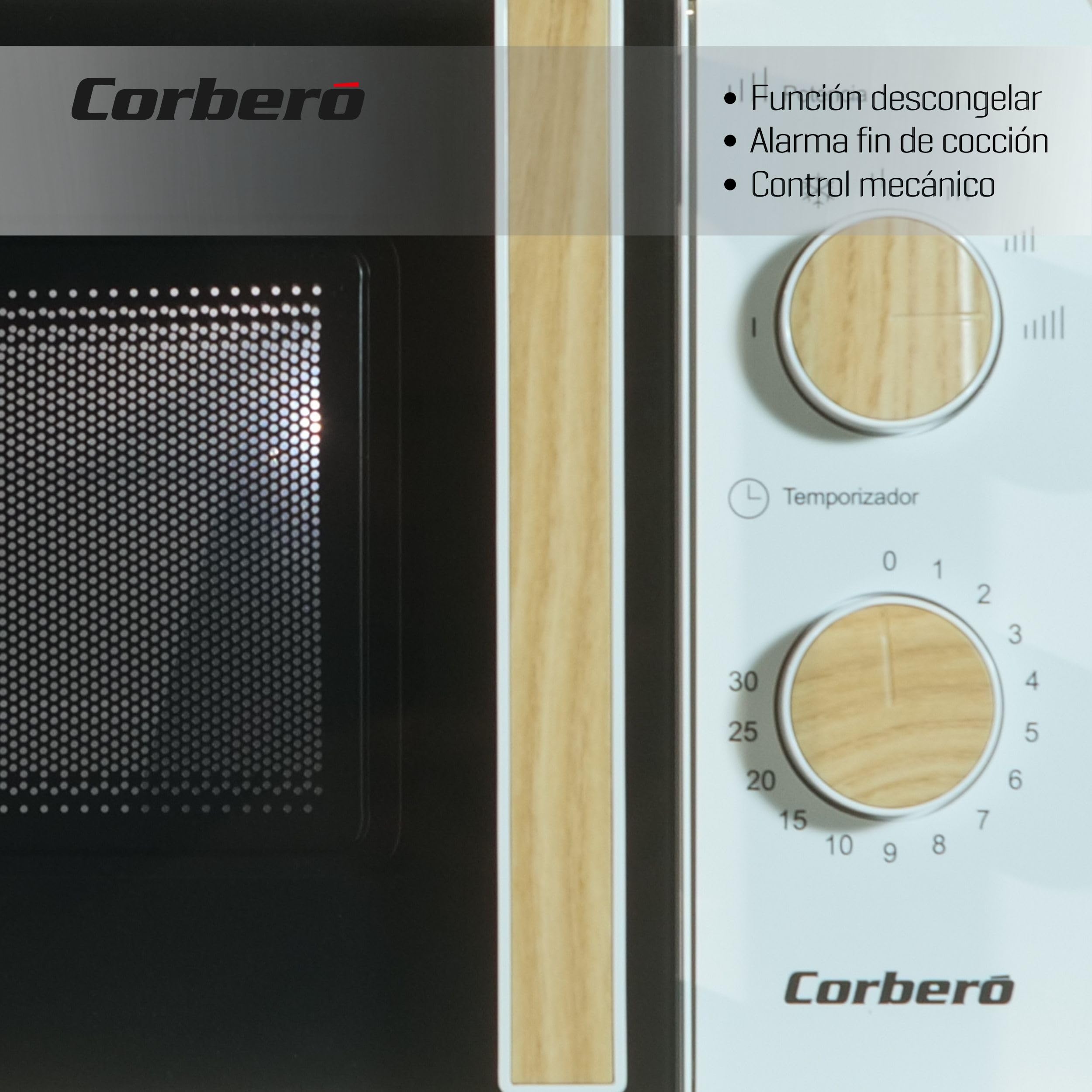 Corberó - Microondas | CMICG270WOODN | 20L | Potencia 700W | Descongelar y Calentar | Control Mecánico 5 Niveles | Temporizador 30 Min | Plato Giratorio 245mm | Blanco