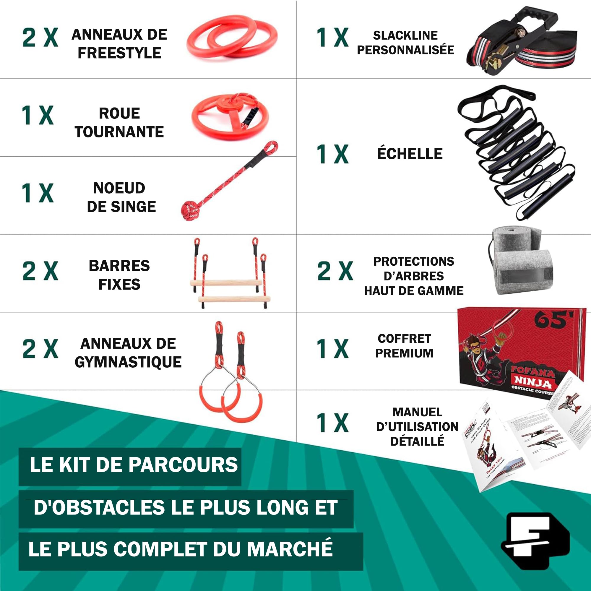 Ninja Line - Kit Parcours Obstacles 32 Pièces - Slackline 11m avec Anneaux, Barres et Poings de Singe - Jeu de Plein Air Ninja Warrior pour Enfants & Adultes - Sac Inclus