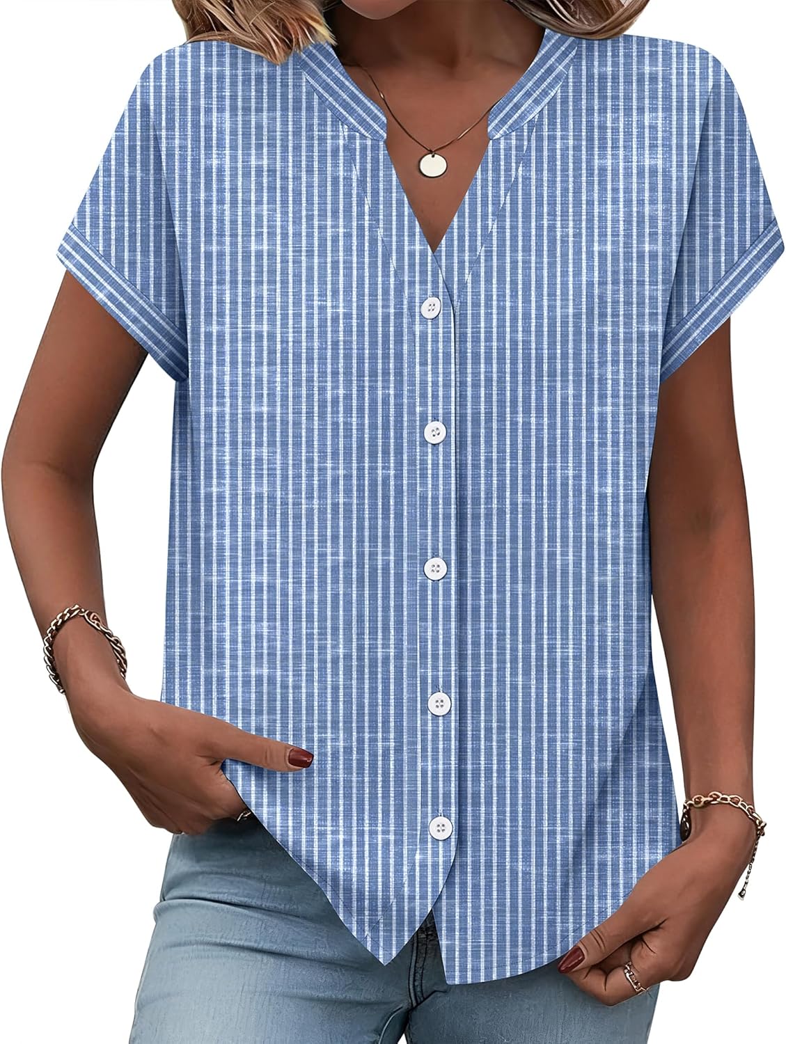 Zeagoo Button Down Shirts for Women Short Sleeve Tops V Neck Collar Blouses Business Casual Outfits S-2XL