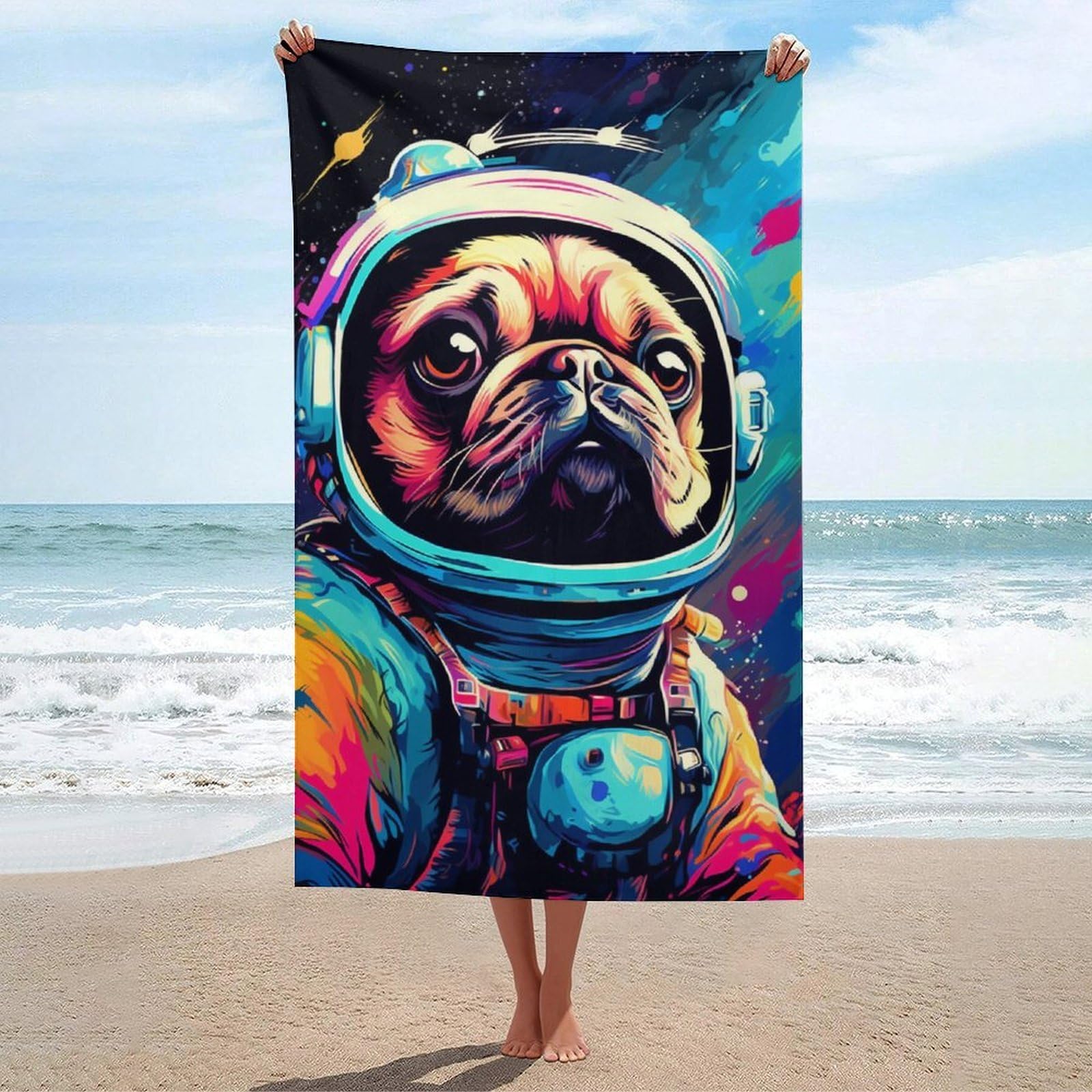 Serviette de plage Space Pug idéale en voyage, camping et séances de gym