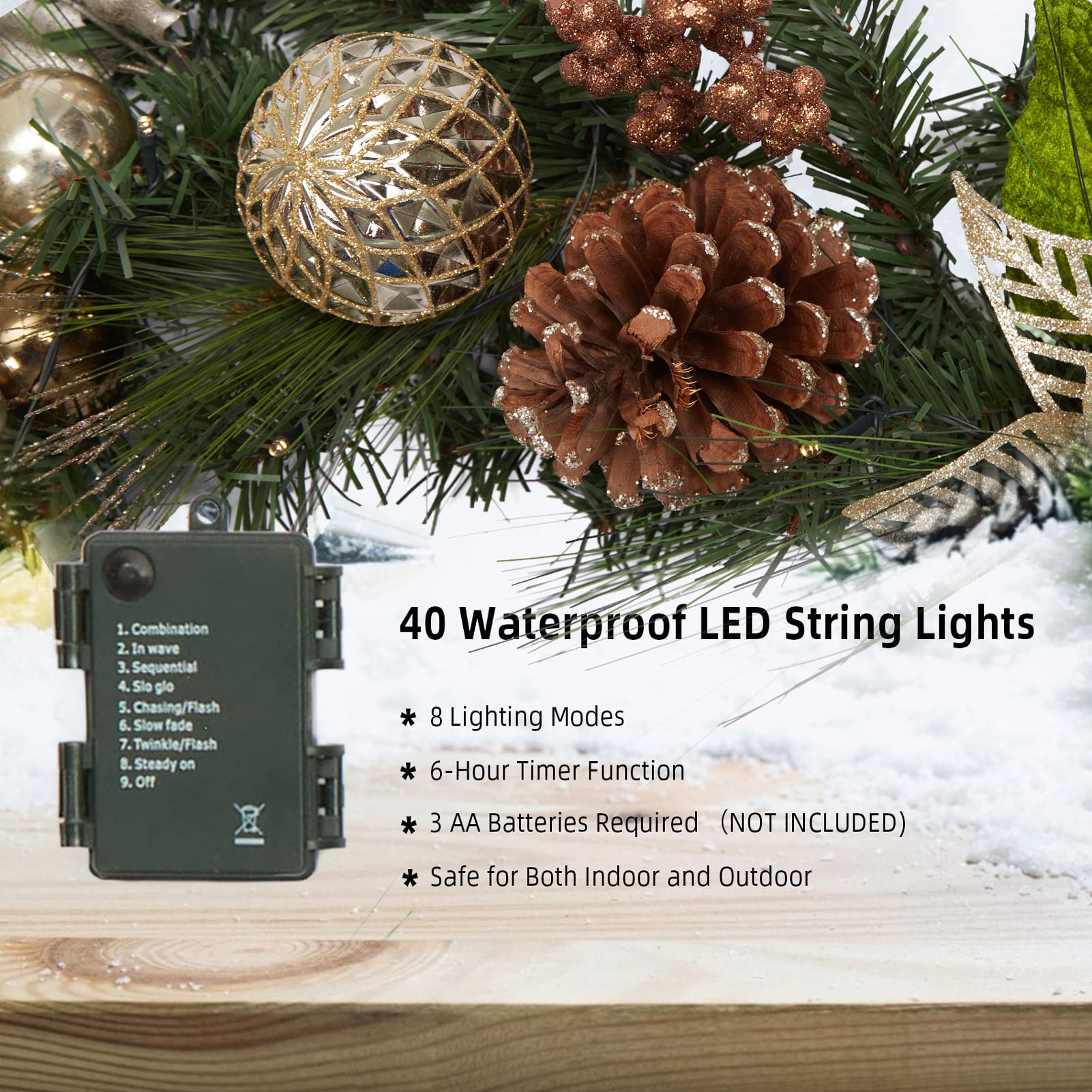 6ft Gold Christmas Garland with Lights, Lighted Xmas Garland with Golden Brown Ball Ornaments, Pre-Lit Christmas Garland Decorations for Indoor Outdoor Mantal Fireplace Banister Porch Decor