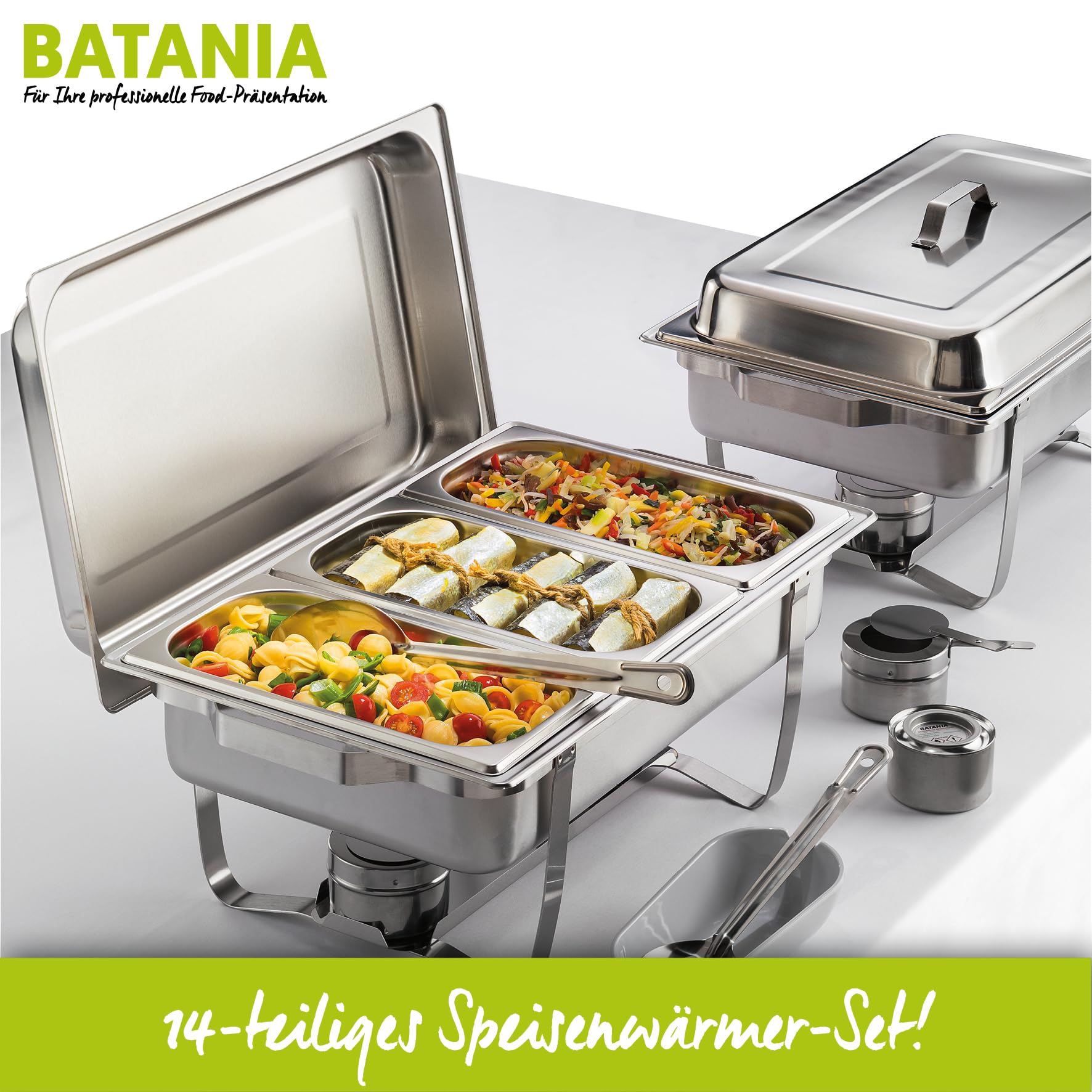 2 Chafing Dishes/Speisewärmer, 14-teilig, Gastronomiequalität, Edelstahl – Robuste Wärmebehälter für Buffet, Catering und Grillabende