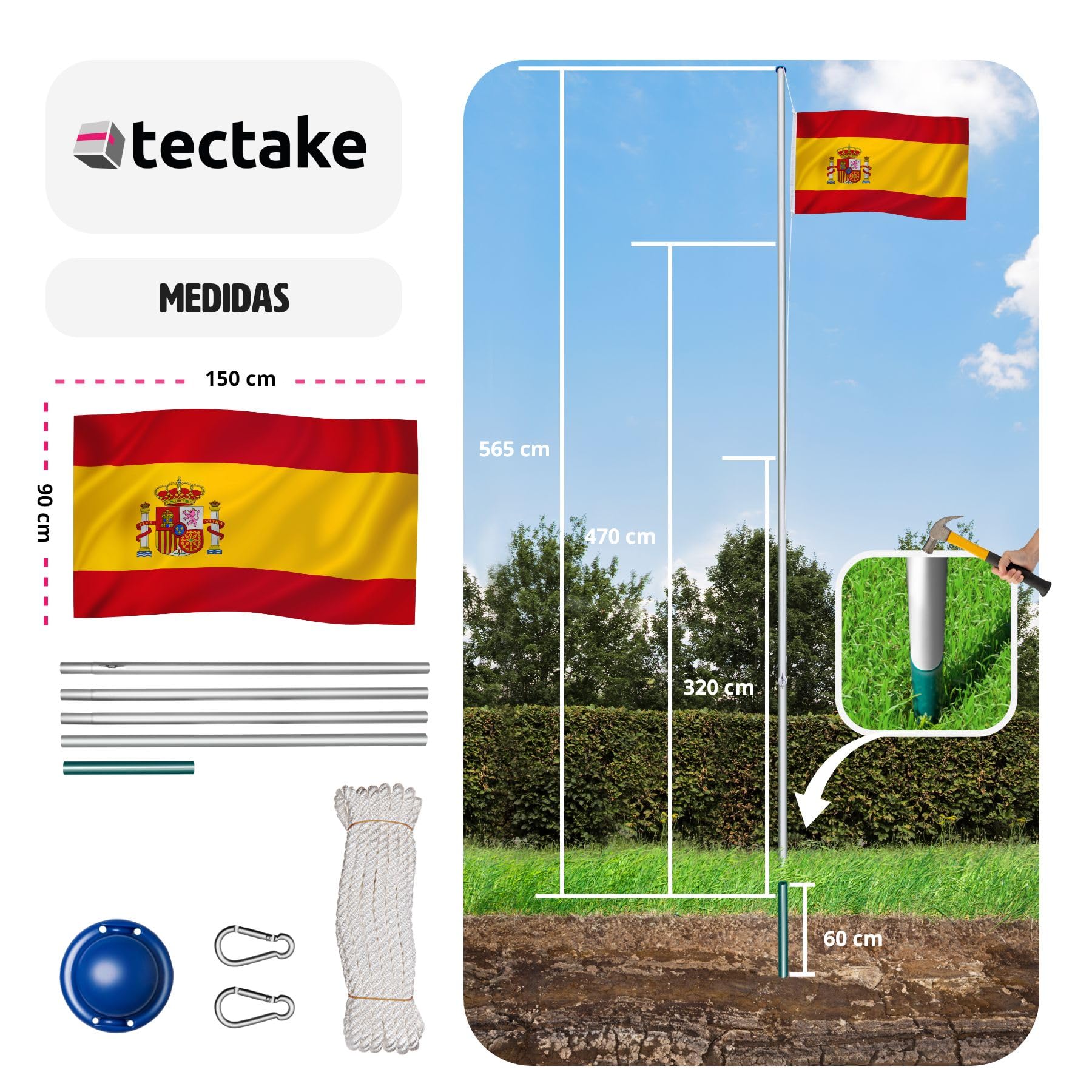 tectake® Mástil Bandera Altura Ajustable, Mástil Aluminio Altura Máx 6,25 m, Asta Bandera con Casquillo para Suelo, Mástil Bandera Exterior con Cuerda de Izado, Montaje Rápido, Incl. Bandera España