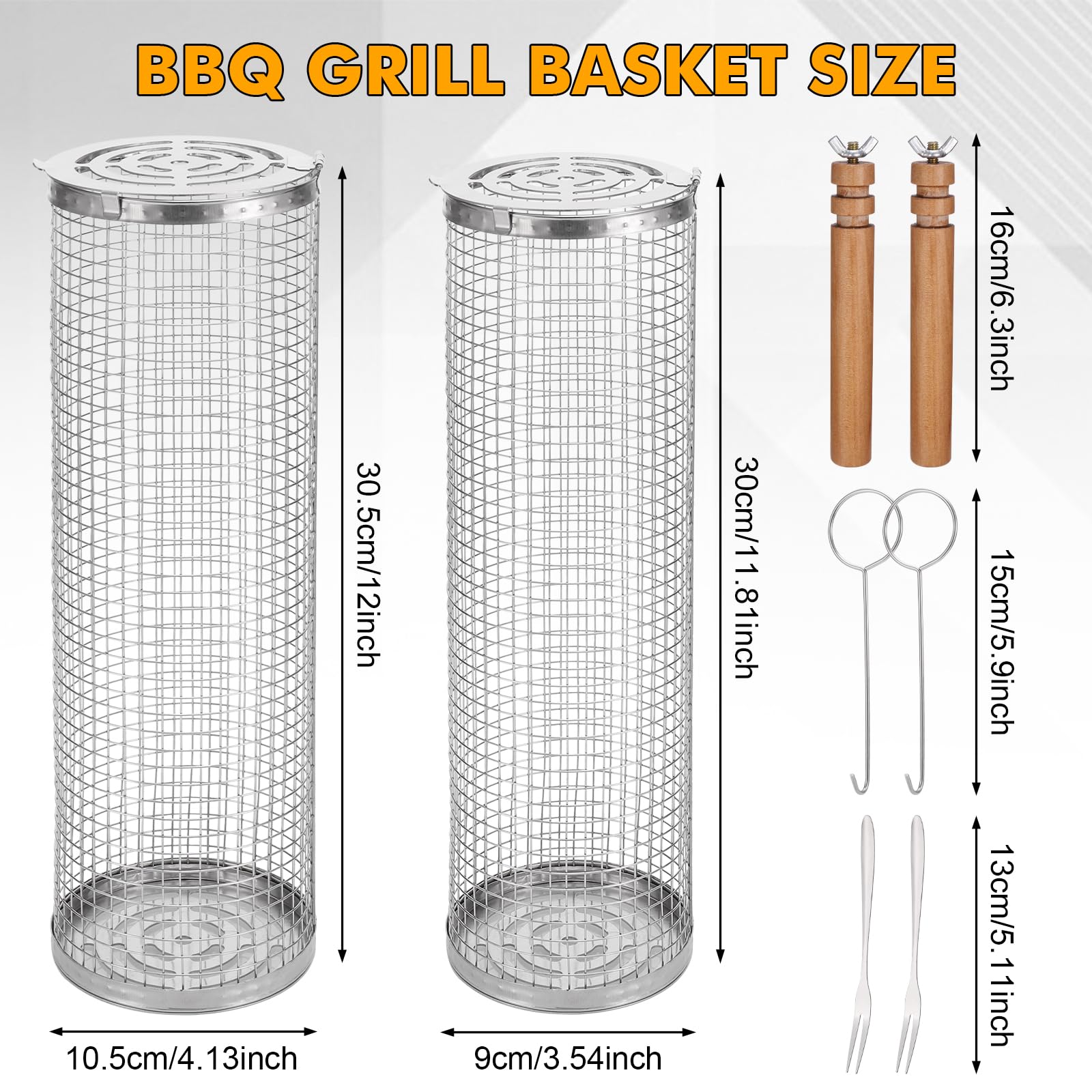 2-teiliger Grillkorb-Set Aus Edelstahl – 30 Cm & 29 Cm, Mit Holzgriffen, Bürste & Halterung