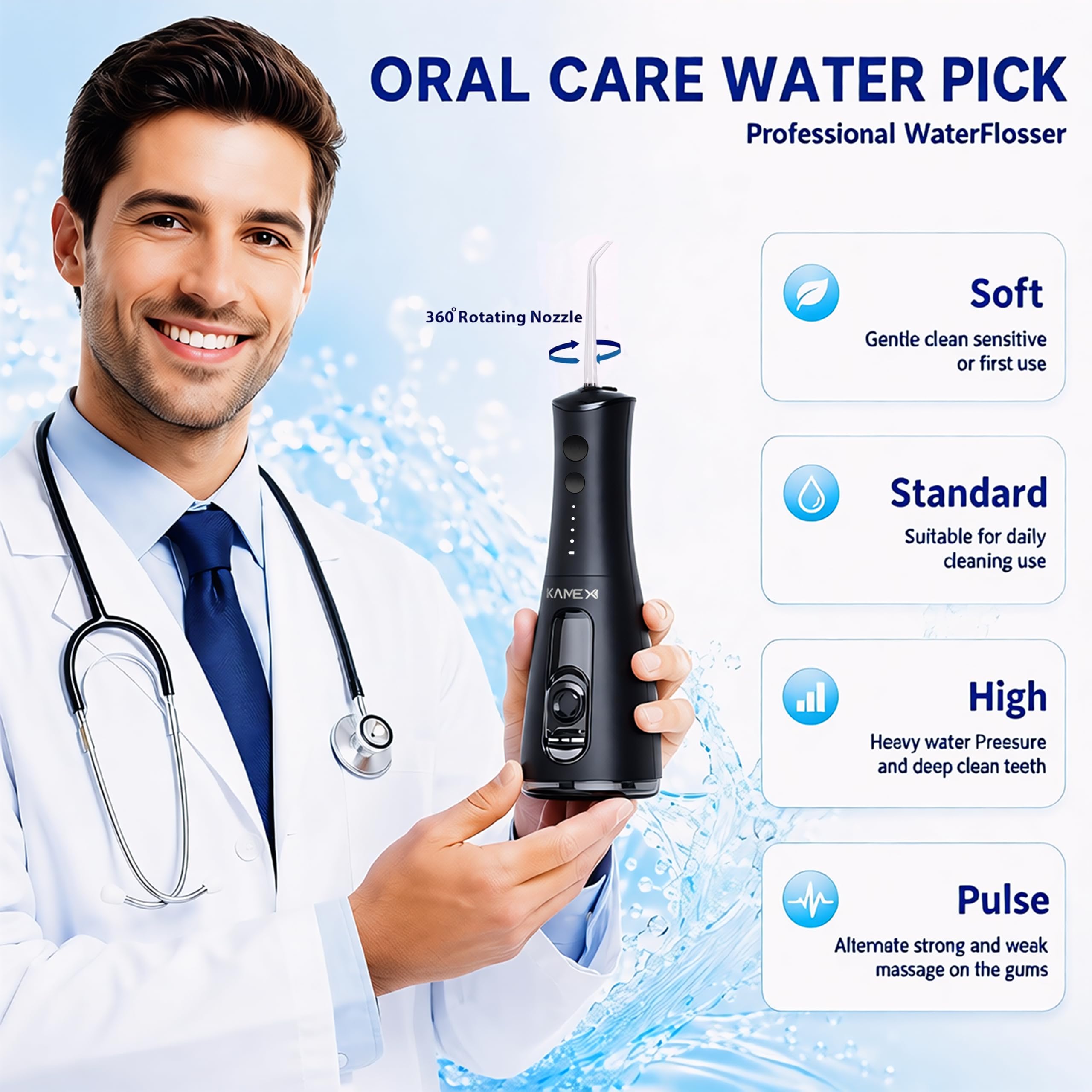 KAMEX Idropulsore dentale senza fili per la pulizia dei denti: irrigatore orale portatile con serbatoio da 300 ml, 4 modalità di pulizia, ricaricabile IPX7 impermeabile da viaggio per gengive