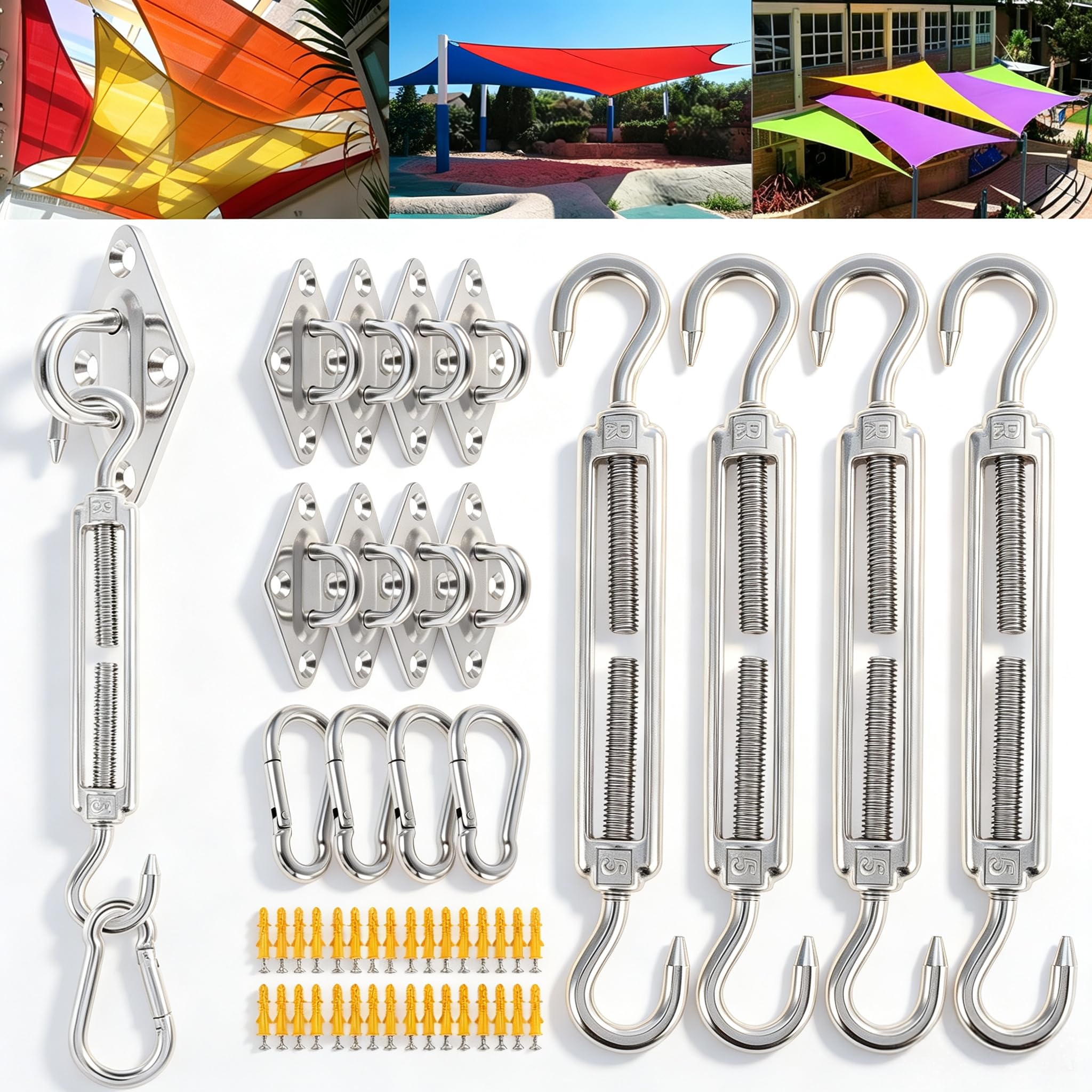 Kit de 80 piezas de accesorios para toldo, acero inoxidable 304 con tensores de 6 pulgadas para instalación de toldo rectangular triangular, resistente al aire libre, patio, jardín, pérgola, patio