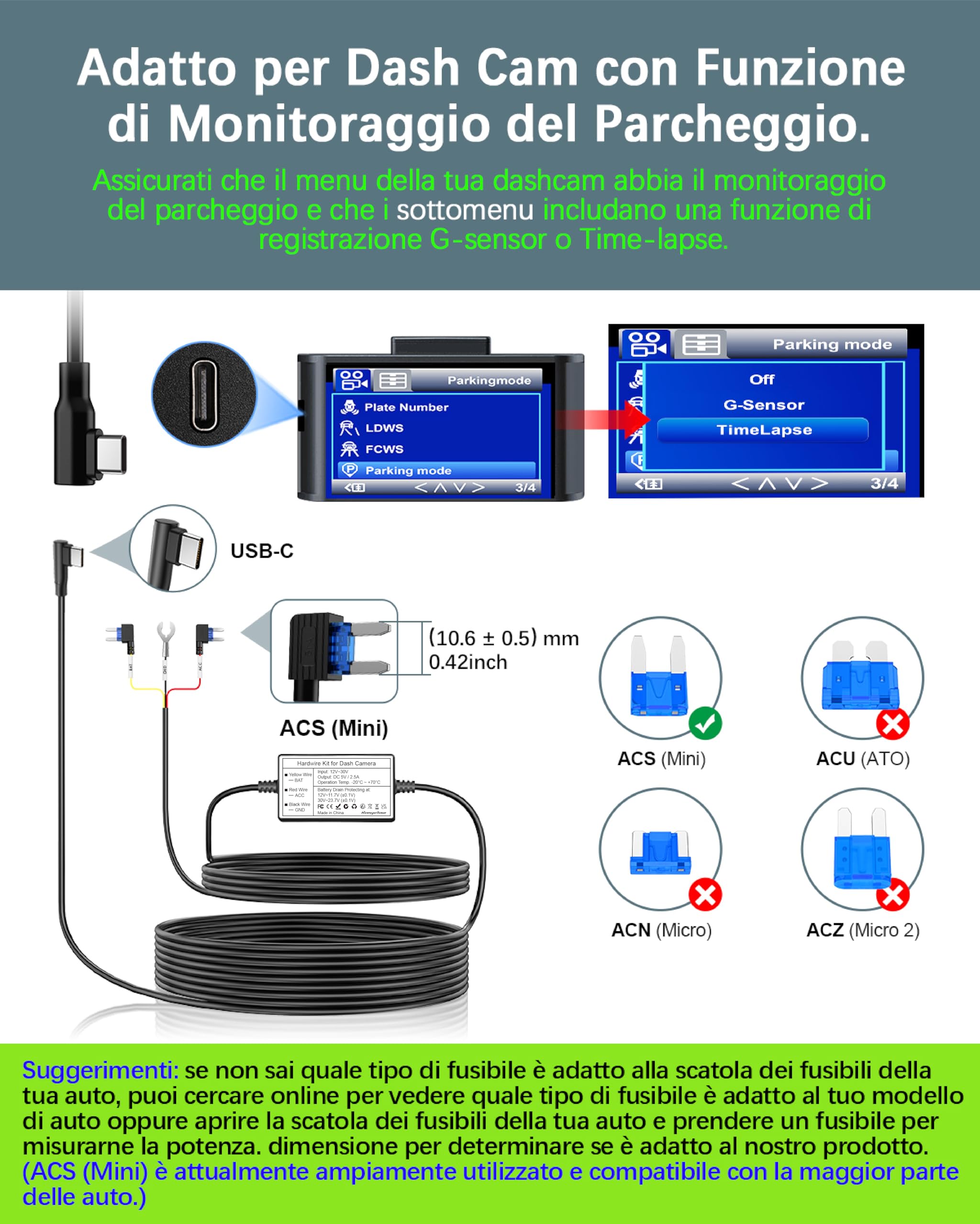 Kit Cablaggio USB-C, Dash Cam Hardwire Kit 4m/13.12ft 12V/24V a 5V/2.5A Auto Cavo di Ricarica Kit con Strumento di Installazione cavo di alimentazione