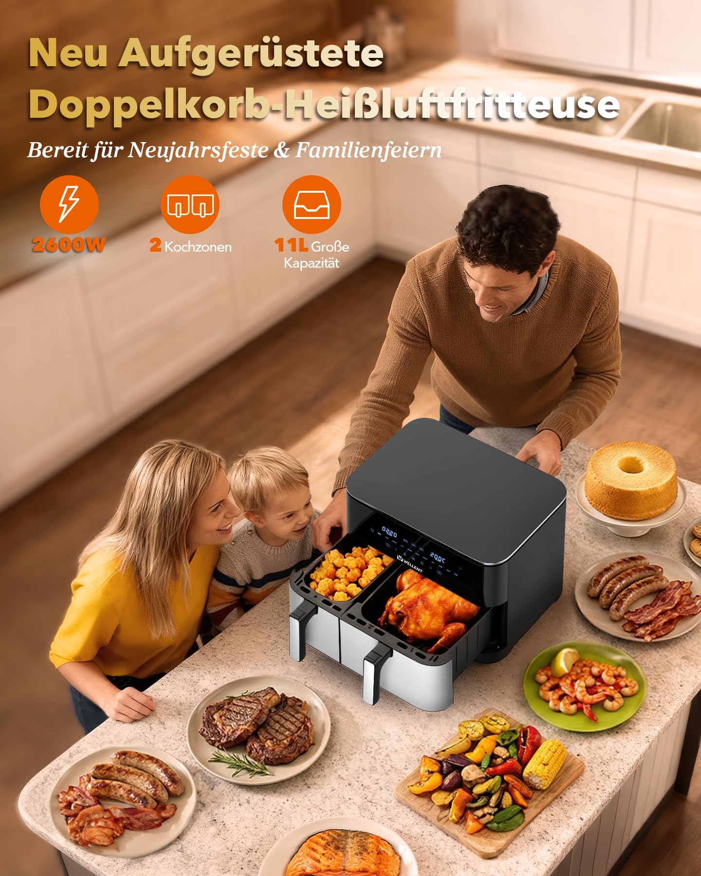 11L XXL Airfryer 2 Kammern(4+7L) - WELLENT 2600W 10-in-1 Heißluftfritteuse Doppelkammer mit Match&Sync-Funktion - Dual Zone Heissluftfritteuse mit Touchscreen,Schüttelerinnerung,Spülmaschinenfest