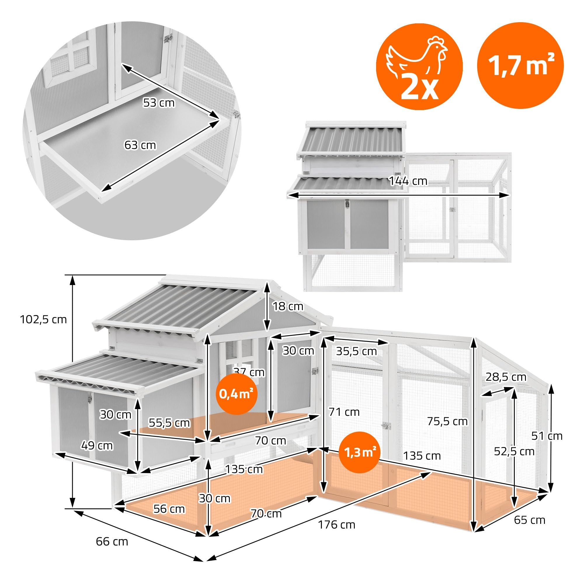 ECD Germany Gallinero Exterior de Madera Maciza con Corral para Gallinas, XXL 144x176x102,5cm Cubierta de Alambre Galvanizado, Bandeja de Heces Extraíble, Dos Cajas Nidos y Rampa, Parque para Animales