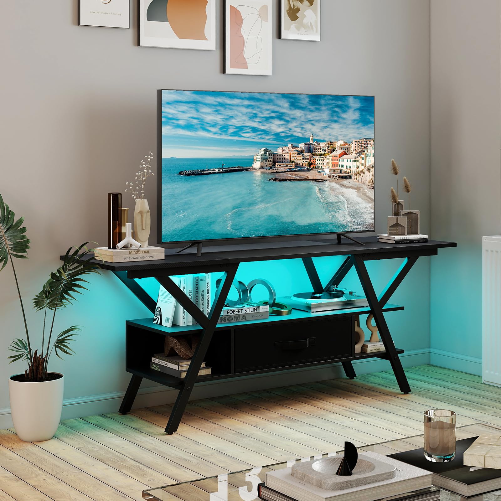 COSTWAY Stojak pod telewizor z diodami LED i gniazdem USB + gniazda typu C, szafka pod telewizor 65", 3-poziomowe centrum rozrywki, stolik konsolowy z półkami i szufladą z materiału (czarny)