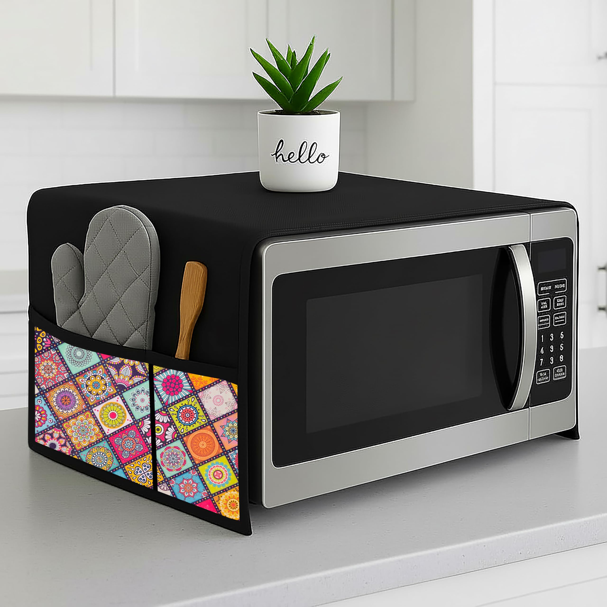 Microwave Oven Cover & Top Cover for Kitchen Decor Durable Dustproof Waterproof Microwave Cover, Oven Cover, Modern Design with 4 Side Pockets for Kitchen Accessories - Multi (100 x 35 cm)