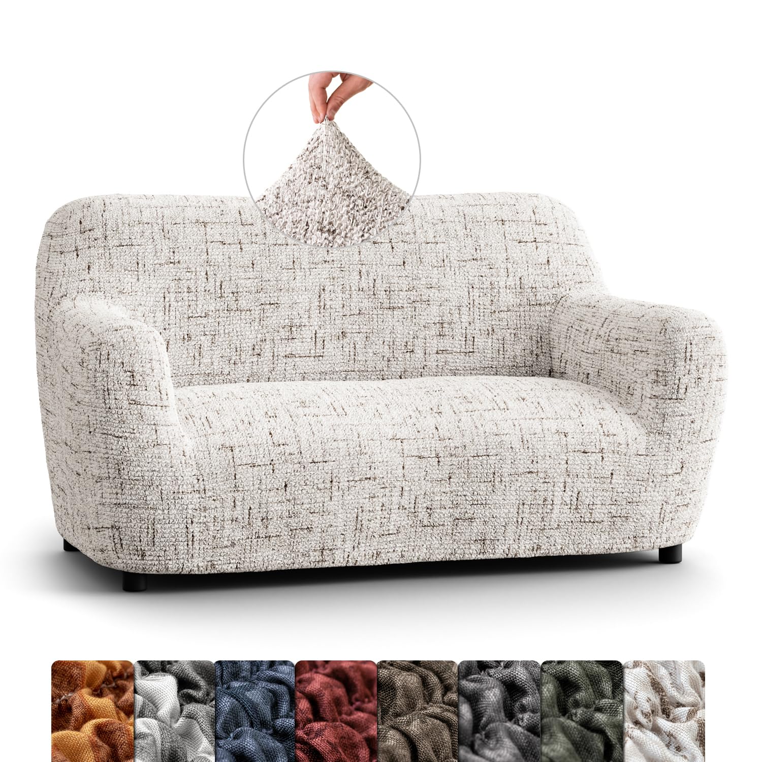 Menotti 2 Seater Couch Cover - Loveseat Slipcovers - Soft Fabric Sofa Cover - Stretch Elastic Furniture Protector for pets - Microfibra Printed - Vittoria White (2 Seater Sofa)