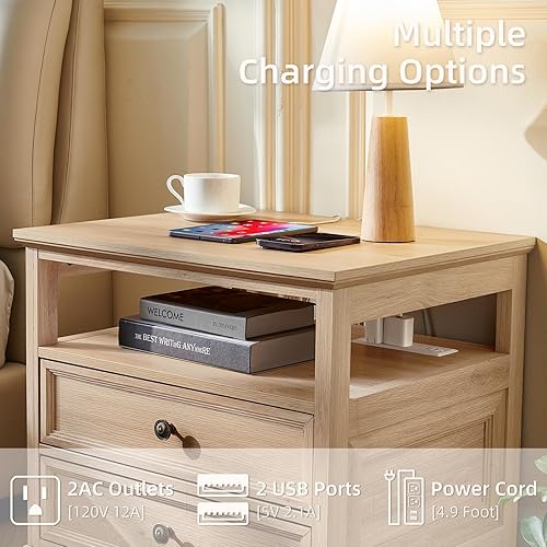 Miniatura 5 de Mesita de noche de granja con estación de carga, mesa auxiliar de 24 pulgadas de ancho con 2 cajones, cómoda natural para dormitorio, mesa auxiliar