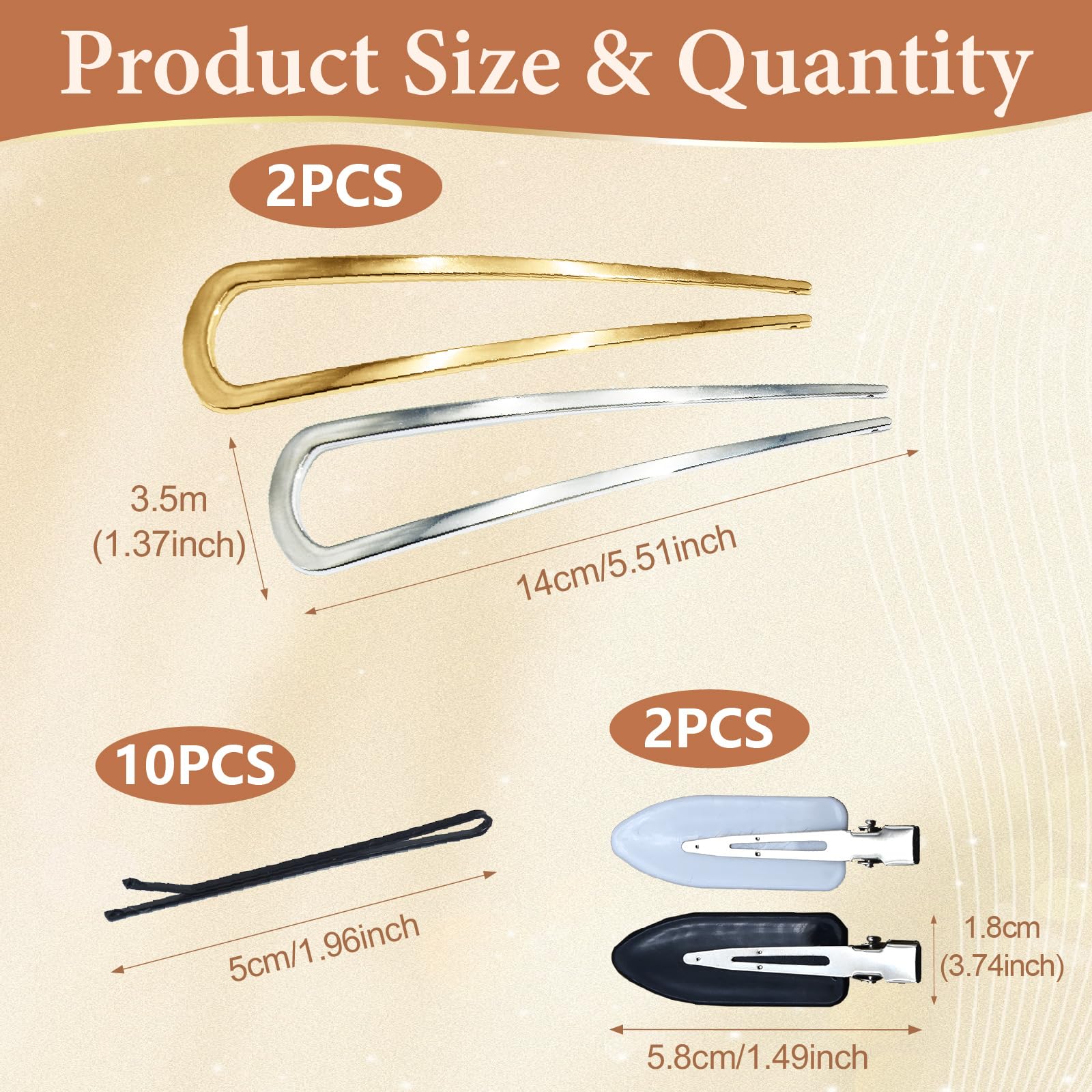 2 PCS Metal French Hair Pins, 14CM U Shaped Hair Pins, French Twist Hair Pin with 2 No Bend Hair Clips and 10 Bobby Pins - Image 2
