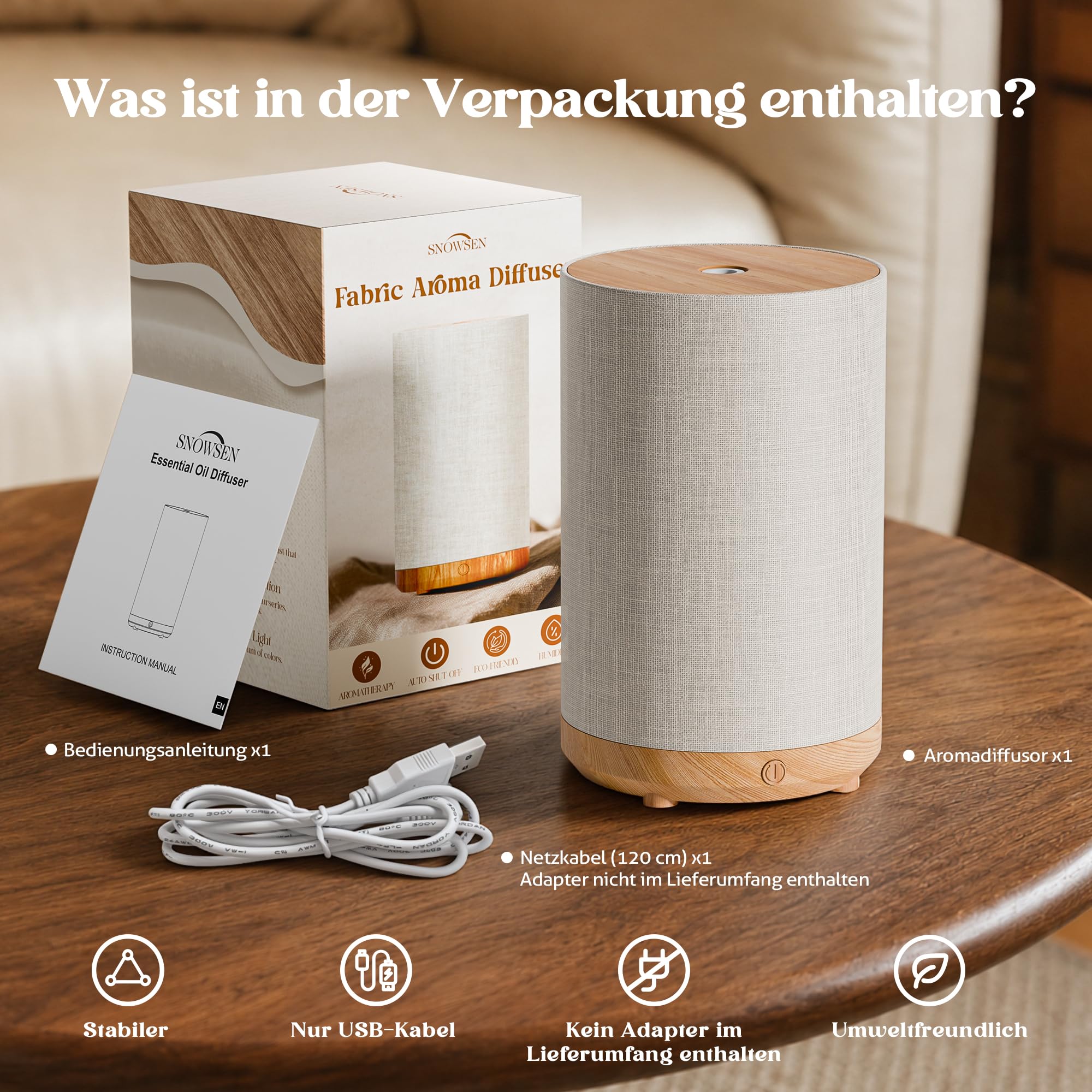 Mini Aroma Diffuser für Atherische Öle, Elektrisch Betrieben Diffusor mit Netzanschluss, Stoffbezug und Nachtlampe, 120ml Ultraschall-Luftbefeuchter mit 7-LED-Licht, für Schlafzimmer Yoga, Geschenk