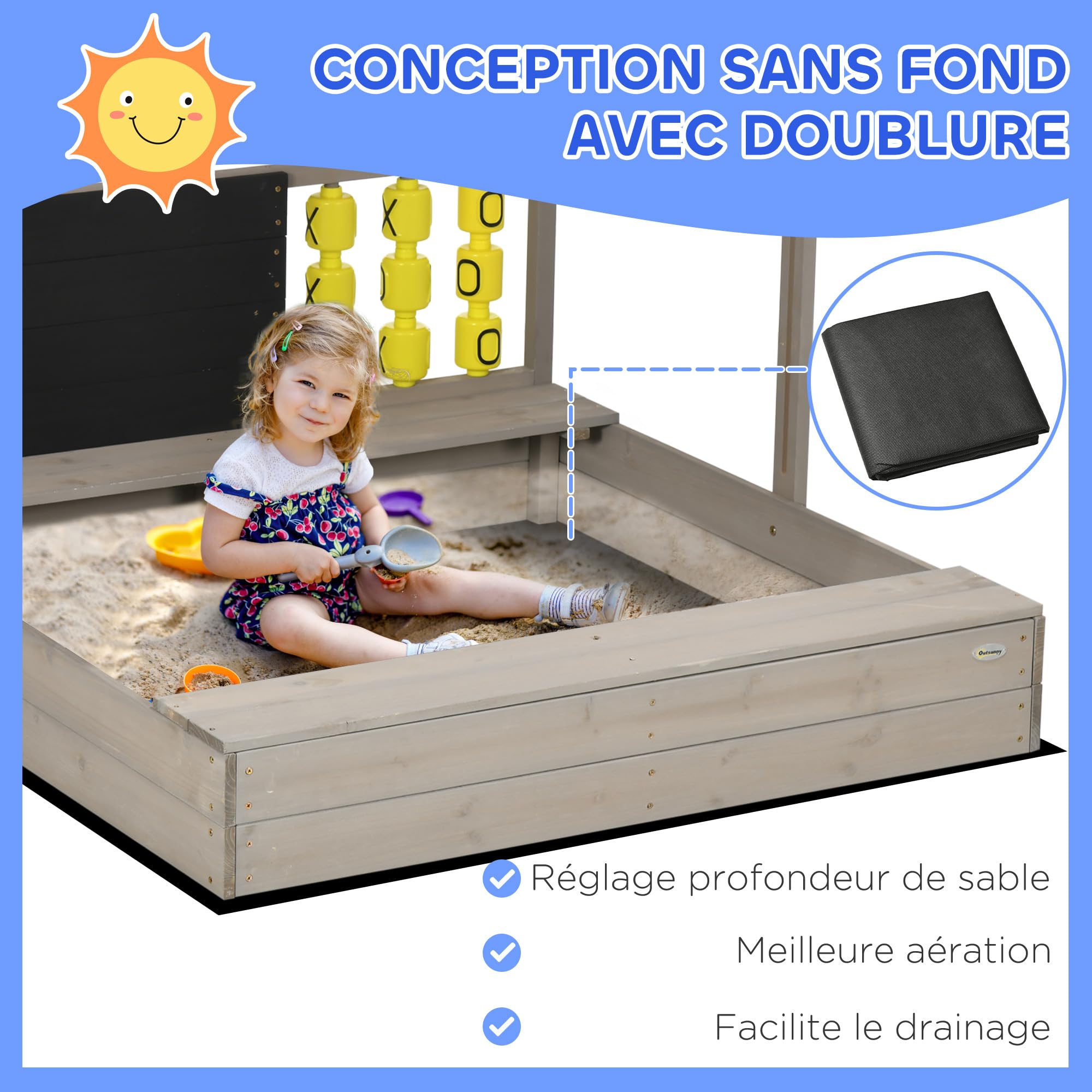 Outsunny Bac à Sable pour Enfants en Bois avec bancs, 114 x 113 x 110 cm | Carré, toit ajustable, tableau et jeux inclus, pour enfants, gris, hauteur 110 cm