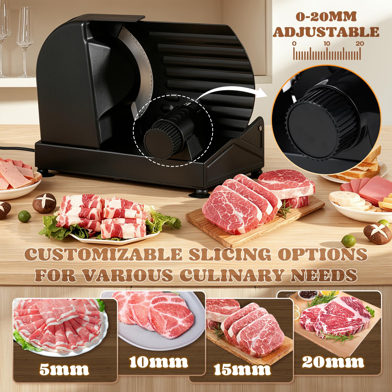 Moongiantgo Cortadora de Fiambre Casa Cortafiambres Eléctrico Profesional con 2x Cuchilla de Acero Inox Extraíble, Ø185mm, Regulador de Grosor 1-20mm, para Pan/Corte Jamon/Carne/Queso/Embutido (220W)