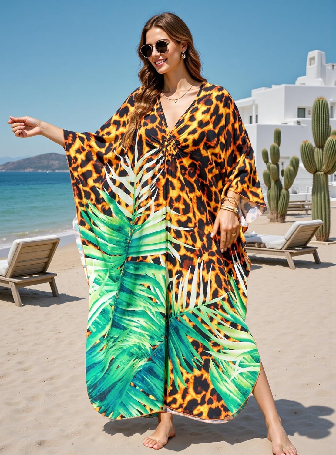 Women's Caftan Dresses Plus Size Mumu with V-Neck Batwing Sleeves Lightweight Beach Cover Up and Loungewear - Image 3