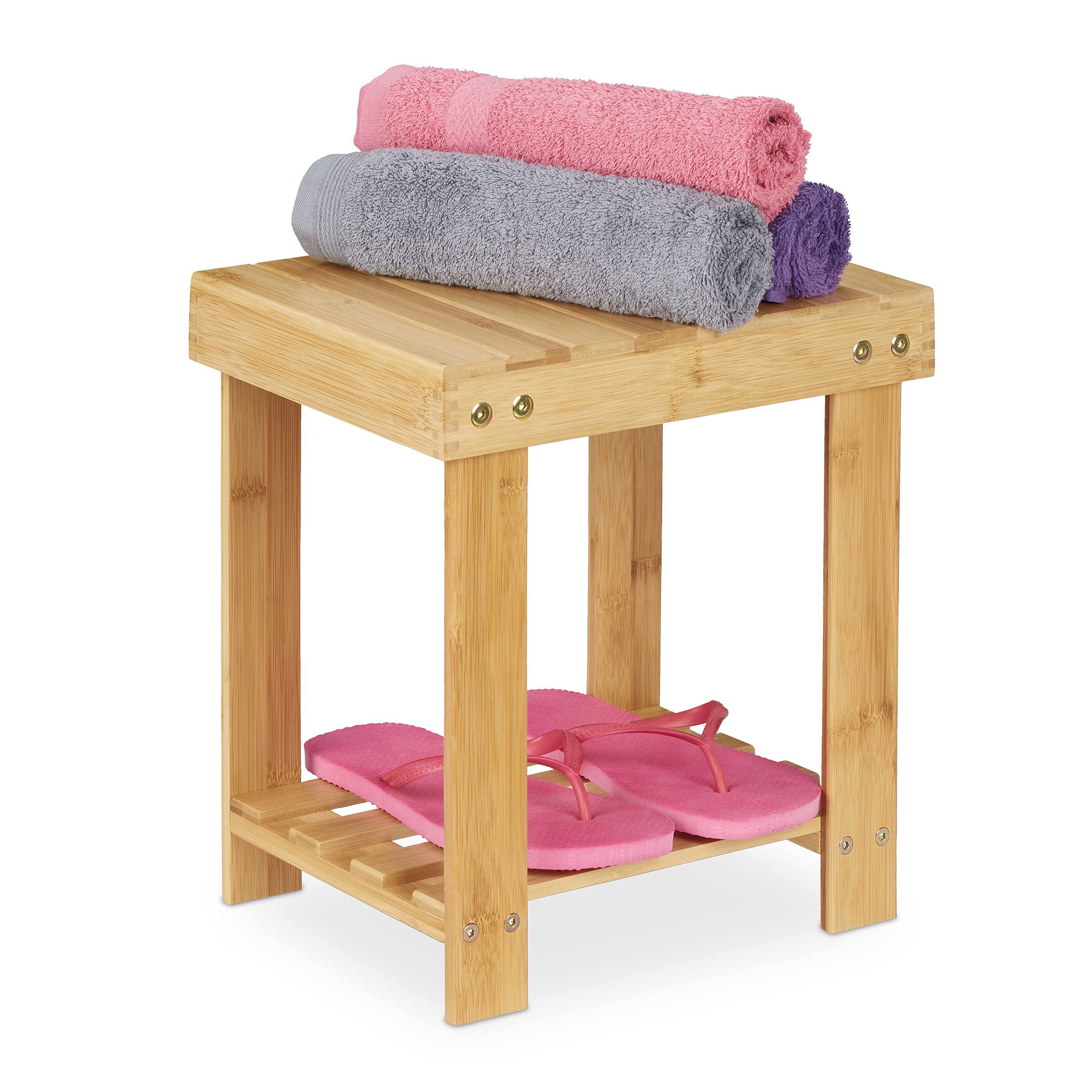 Relaxdays Bamboo Stool, Load up to 100 kg, Sturdy Stool for Children, Bathroom, Pouffe, 33.5 x 25 x 31 cm, Natural