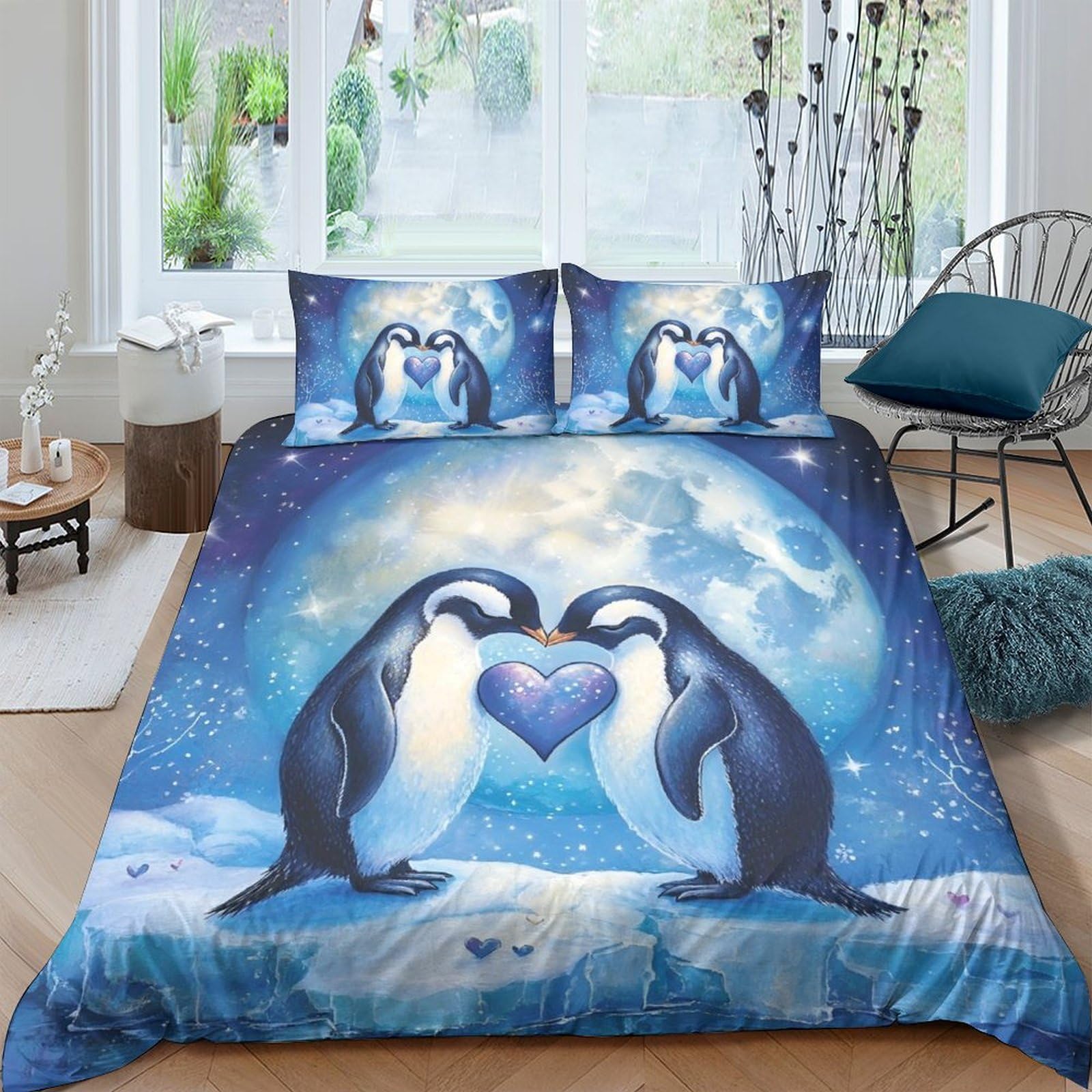 TUFRTGYHN 3D Printed Moon Penguin Duvet Cover Microfiber Soft Breathable Heart Ice Bedding Set with 2 Pillowcases for Bedroom Decor, Single（135x200cm）