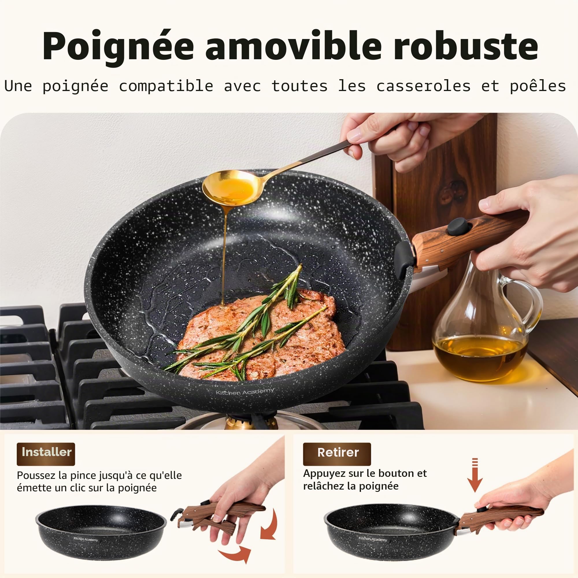 Kitchen Academy Lot de 10 Casseroles et Poêles avec Poignée Amovible, Couvercles en Verre, Revêtement Anti-adhésif Compatible Induction Noir