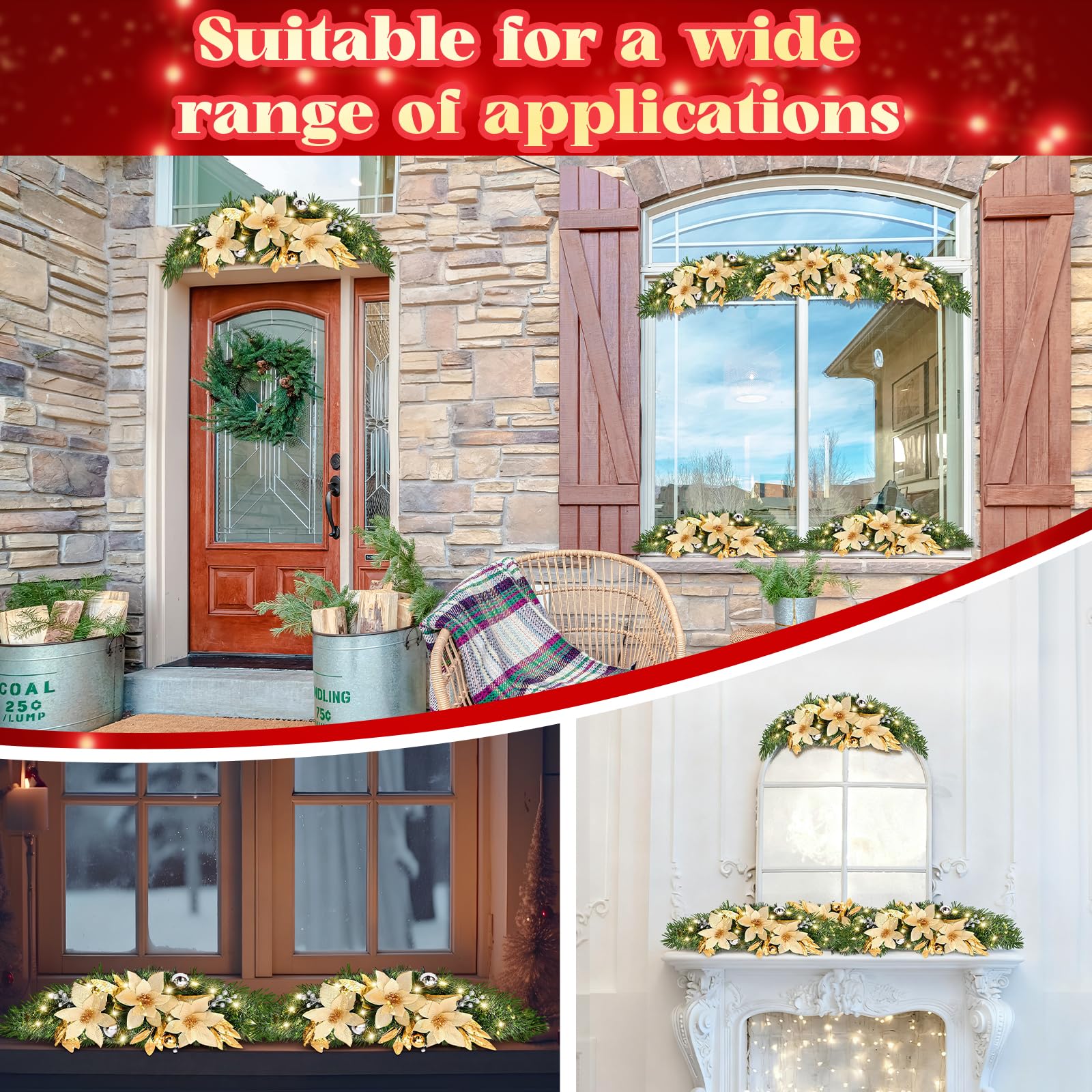 Norme Confezione da 4 festoni natalizi da 76,2 cm per finestre, grandi decorazioni natalizie artificiali con luci per porta d'ingresso, architrave da parete, caminetto, casa, vacanze, interni ed