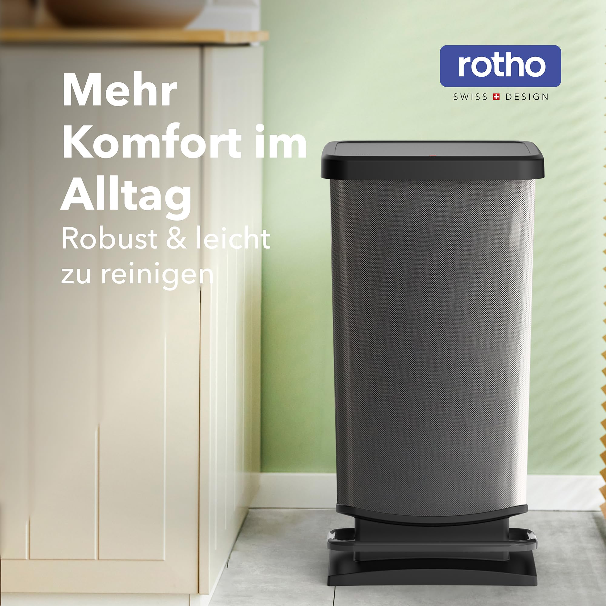 Rotho Paso Mülleimer 40l mit Pedal, Kunststoff PP BPA-frei, carbonmetallic