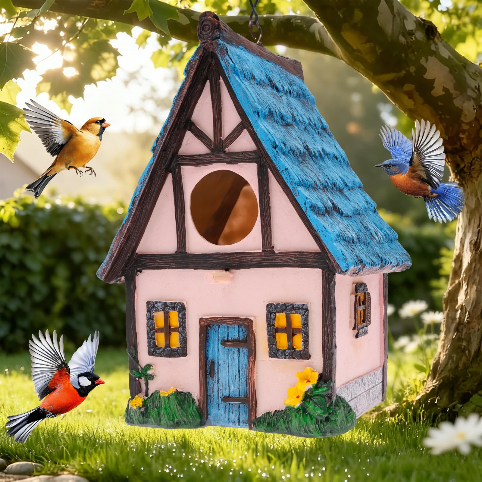 Bird House for Outside,Vintage Hanging Birdhouse with S Hook Chain，Handcrafted Resin Nesting Box for Bluebird Finch Garden Patio Yard Gifts for Bird Lover Family Friend(Pink)