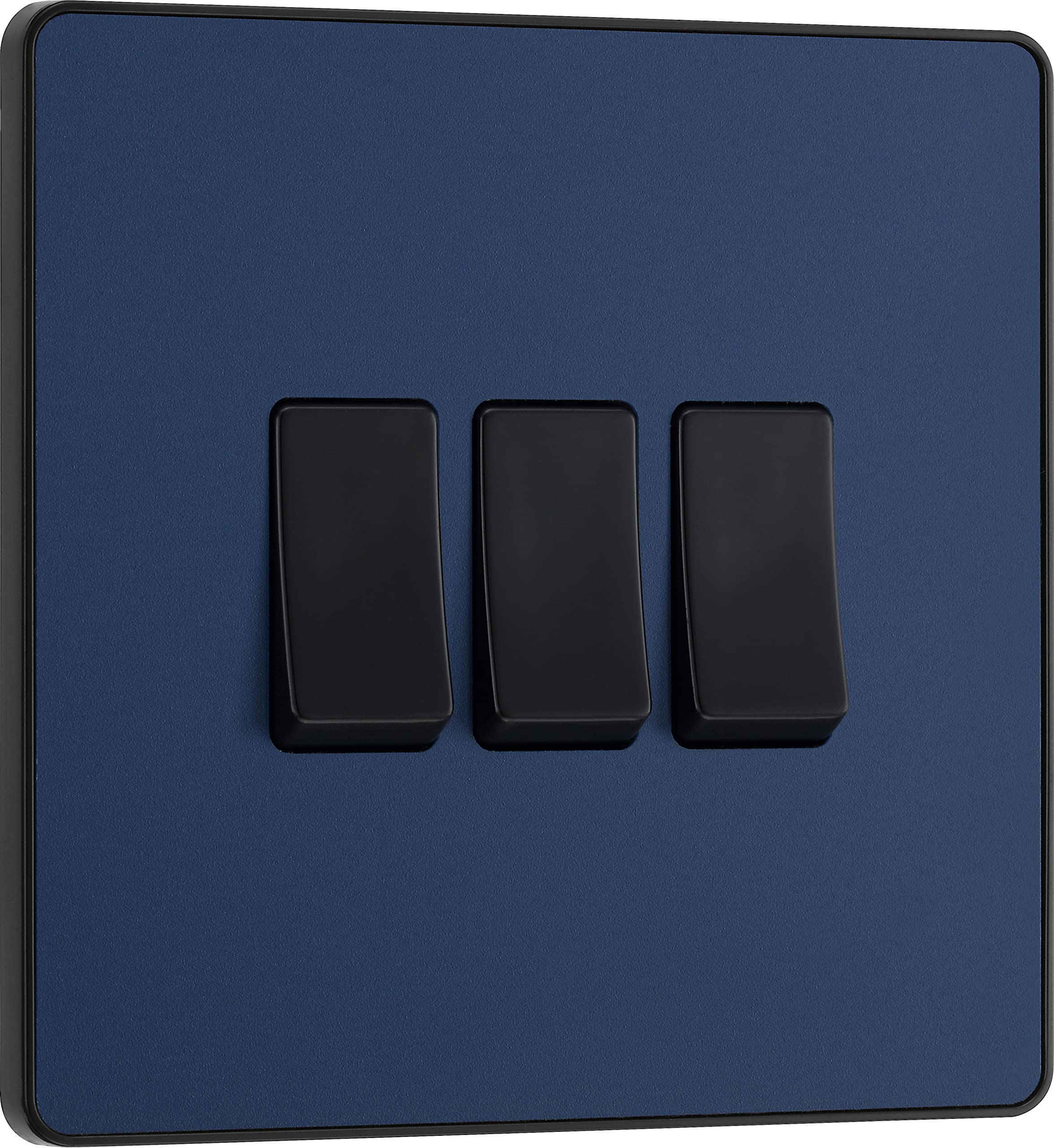 BG Electrical Triple Wall Light Switch, 2 Way, Screwless Front Plate, Round Edges, Evolve, Matt Blue, 20A, 16AX, PCDDB43B