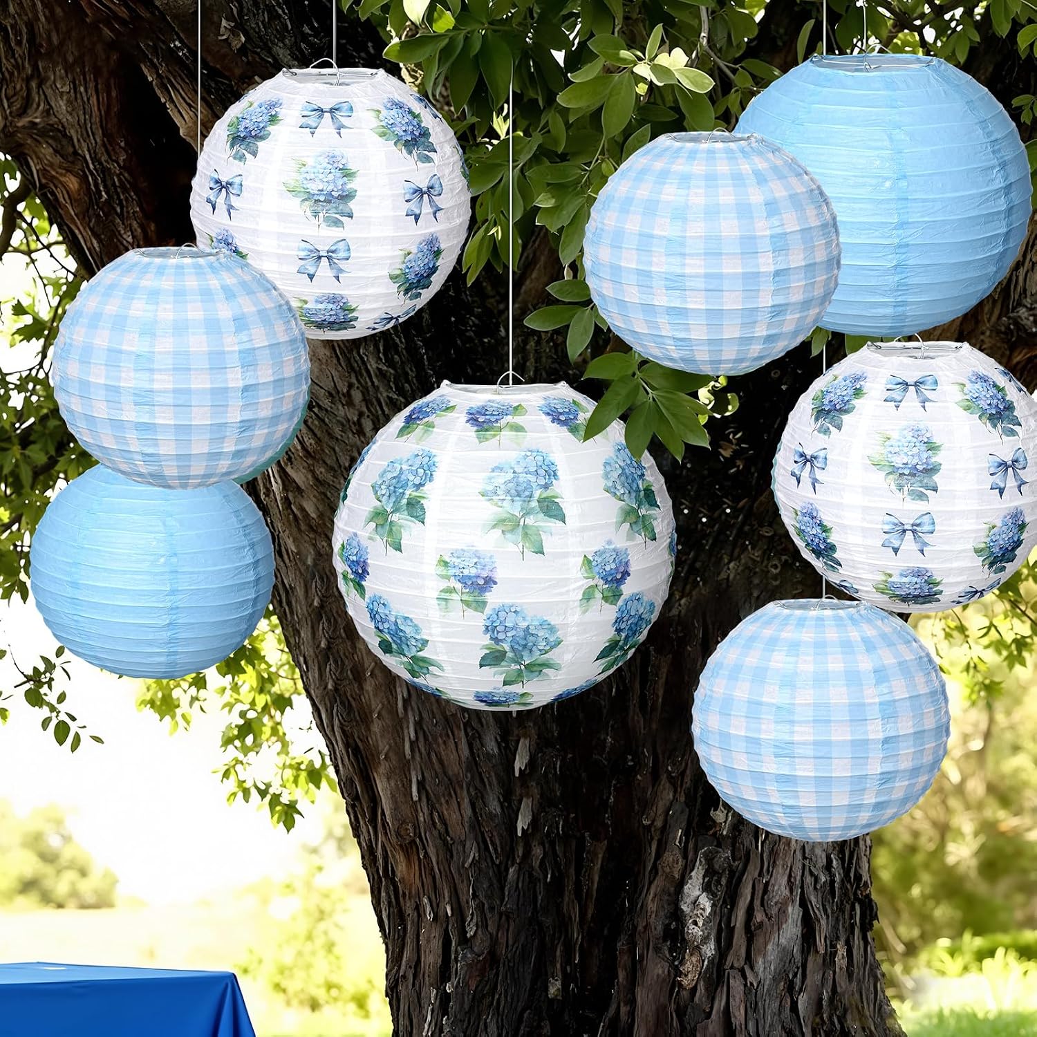 12 Pcs Spring Paper Lanterns Blue Hydrangea Lantern 8" 10" 12" Blue White Plaid Round Paper Lamp Chinese Floral Hanging Decor for Spring Birthday Wedding Baby Shower Flower Tea Party Decorations