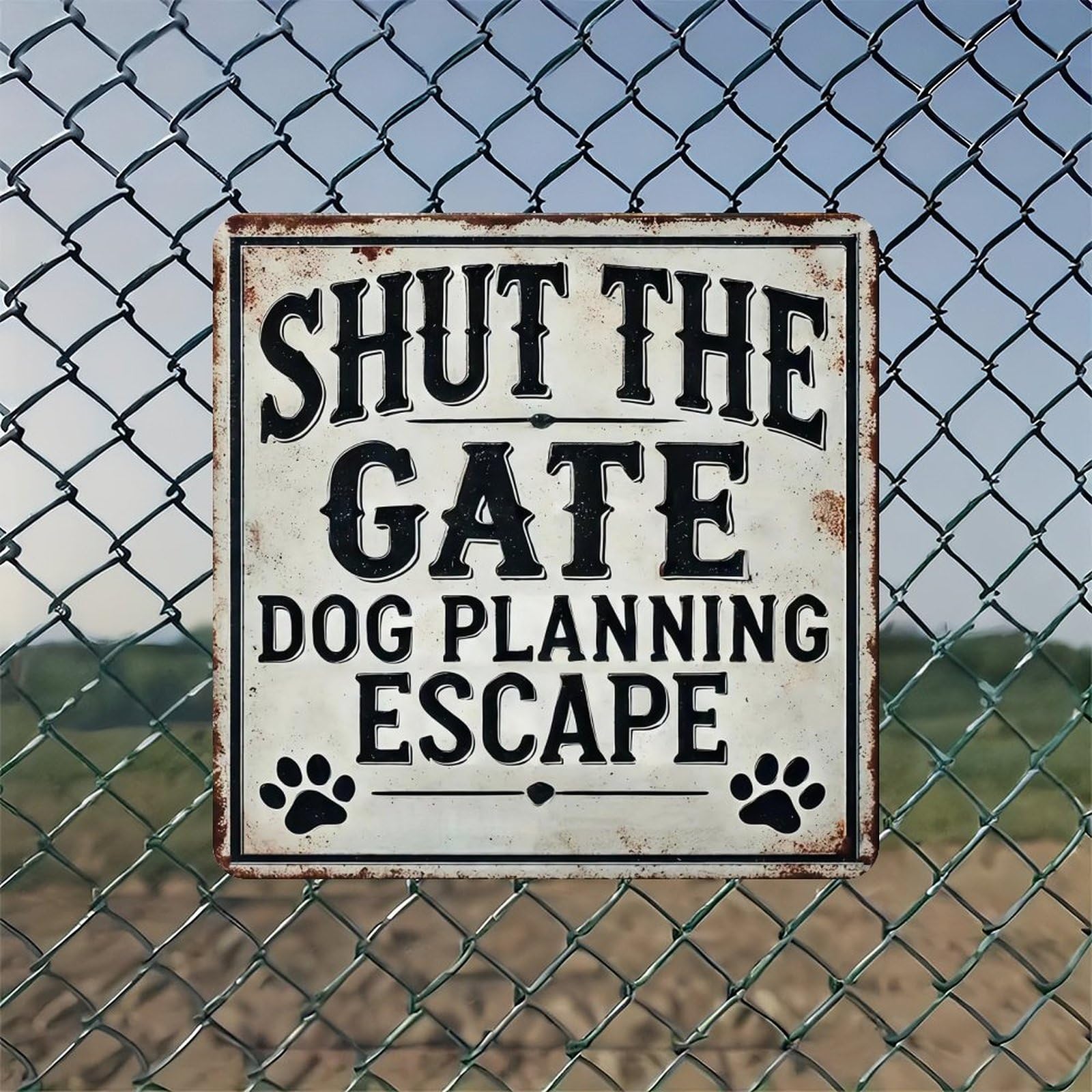 Shut The Gate Dog Escape Sign Vintage Metal Tin Sign Wall Art - 8x8 Inch Retro Wall Art Decor for Gift Home, Bar, Garage & Office Farm