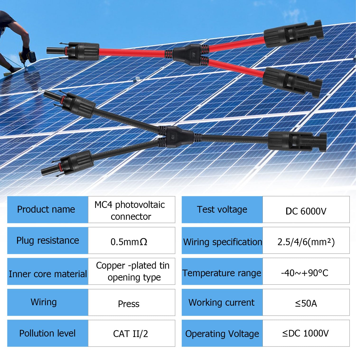 Kabel solarny rozdzielacz Y, 2 pary kabli do paneli słonecznych, wtyczka Y | Solarny kabel fotowoltaiczny, do solarnych złączy fotowoltaicznych, 2 czerwone + 2 czarne
