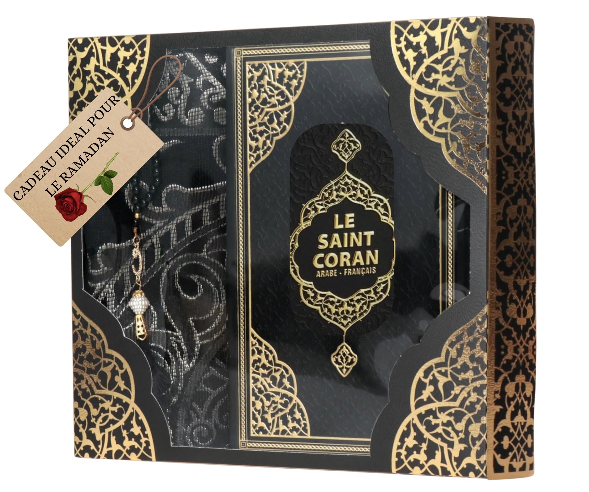 Coffret Cadeau Musulman-Saint Coran Tapis de prière, tesbih, Coran- Tapis prière muuslman- Islam-Ramadan,Aïd Hajj, Umrah, Mariage, Naissance, Mevlid Muslim (Noir (Arabe et français))