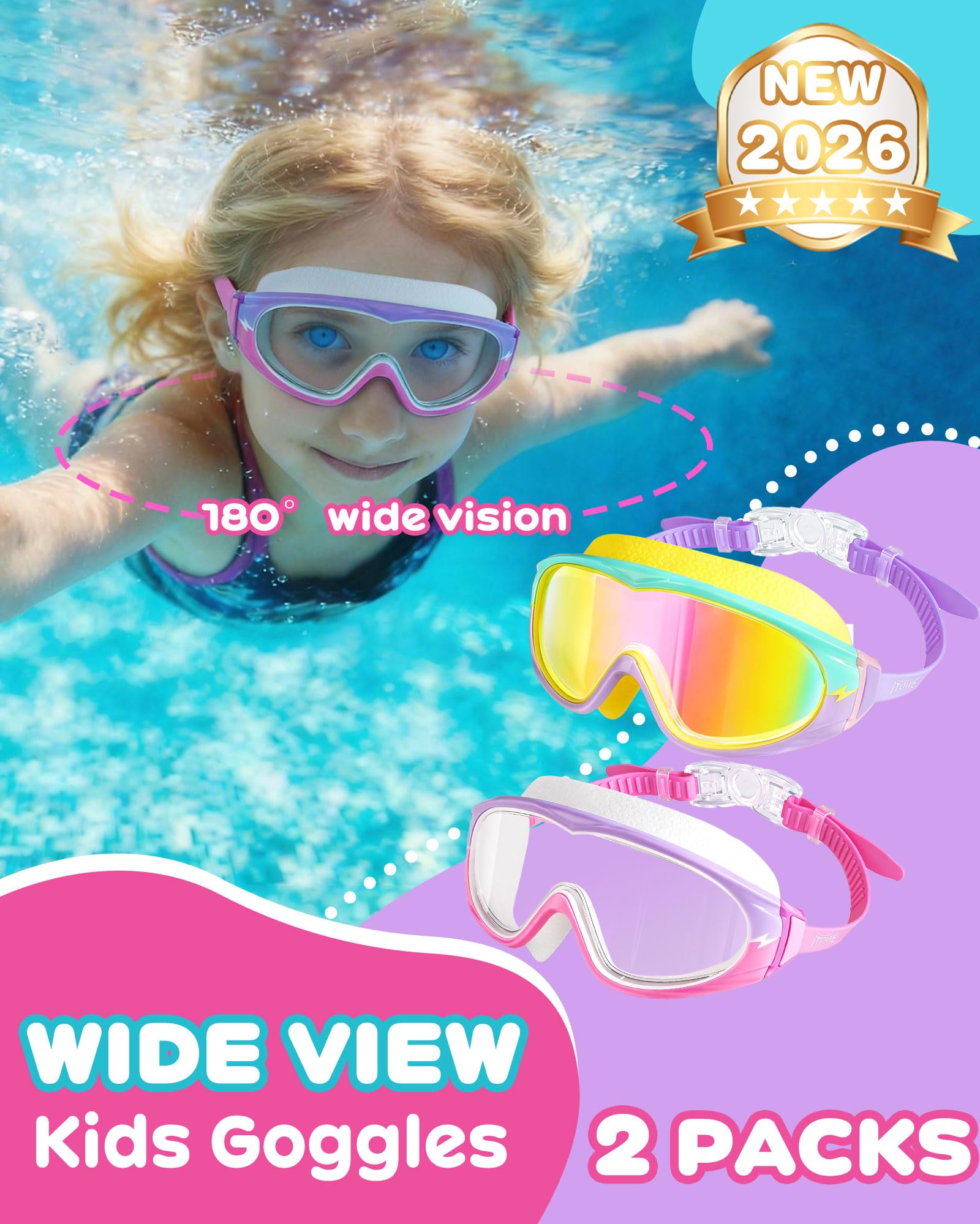 2 Stück Weitsicht-Schwimmbrille, kein Auslaufen, Kinder-Schwimmbrille mit Anti-Beschlag/UV-HD-Ansicht, Kinderbrille für Jungen und Mädchen 3–15