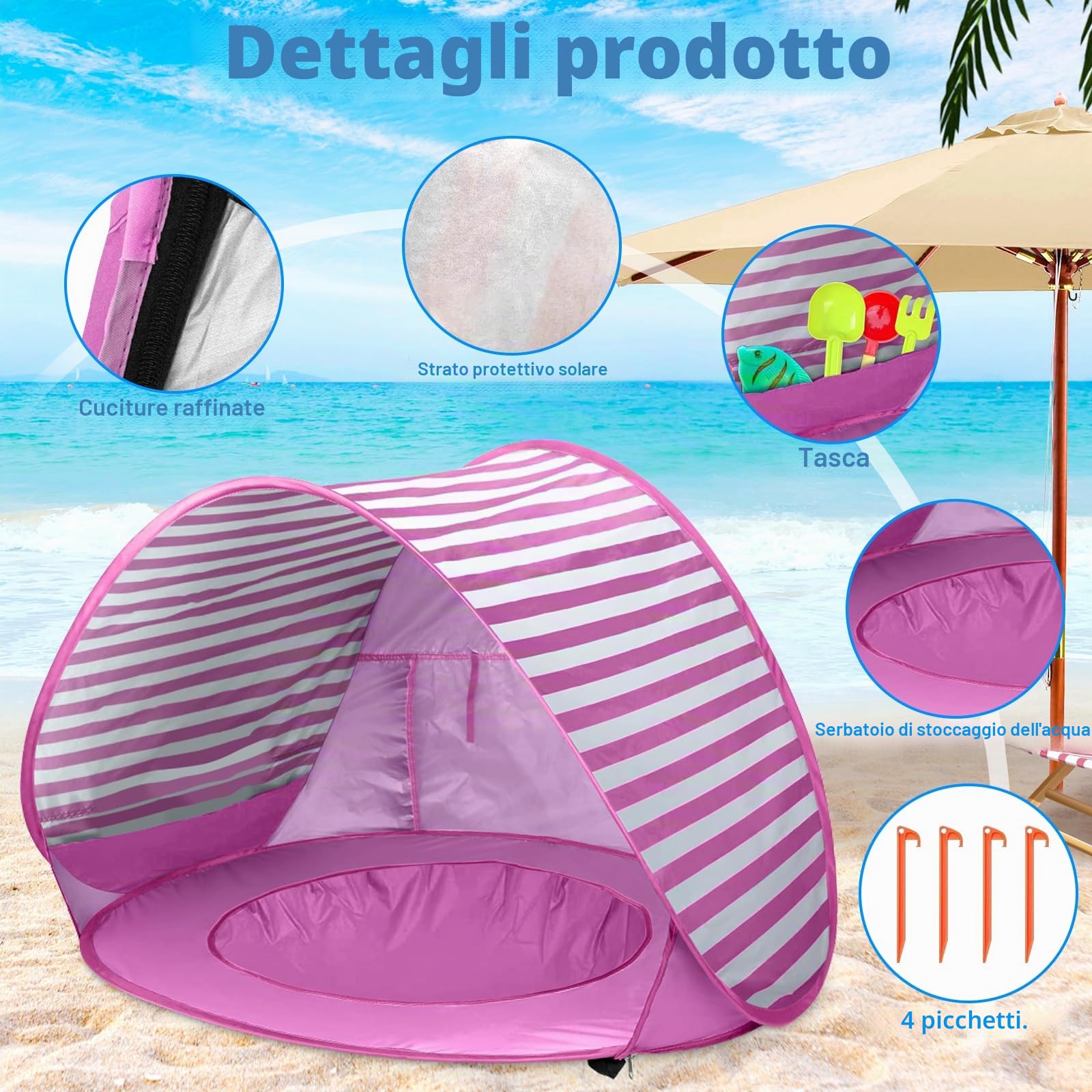 Tenda da Spiaggia Bambini, Tenda Istantanea Portatile, UPF 50+Tenda Spiaggia per 1-3 Persone, per Vacanza in Spiaggia Campeggio Viaggi - Rosa
