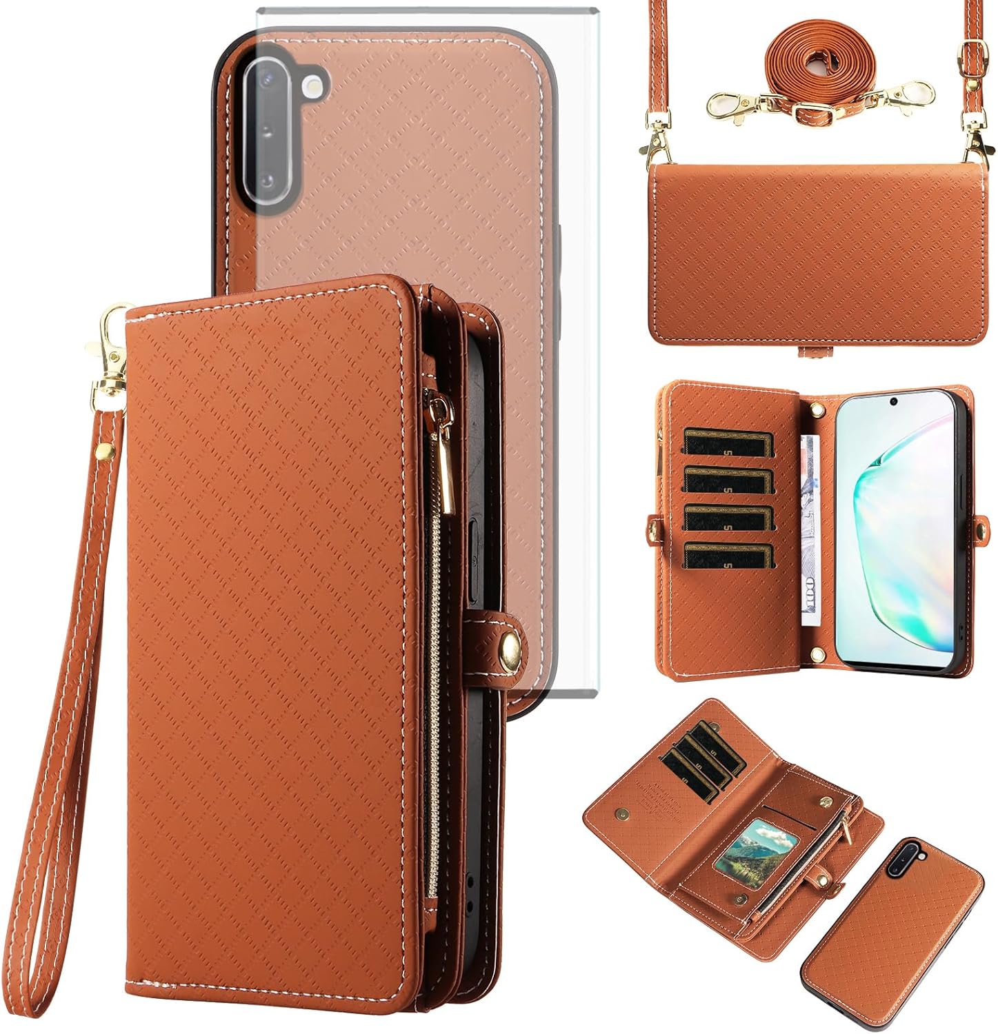 Asuwish Phone Case for Samsung Galaxy Note 10 5G Zipper Wallet Detachable Cell Cover with Tempered Glass Screen Protector Crossbody Strap Flip Card Holder Slot Note10 Notes 10s Ten Not S10 Women Pink