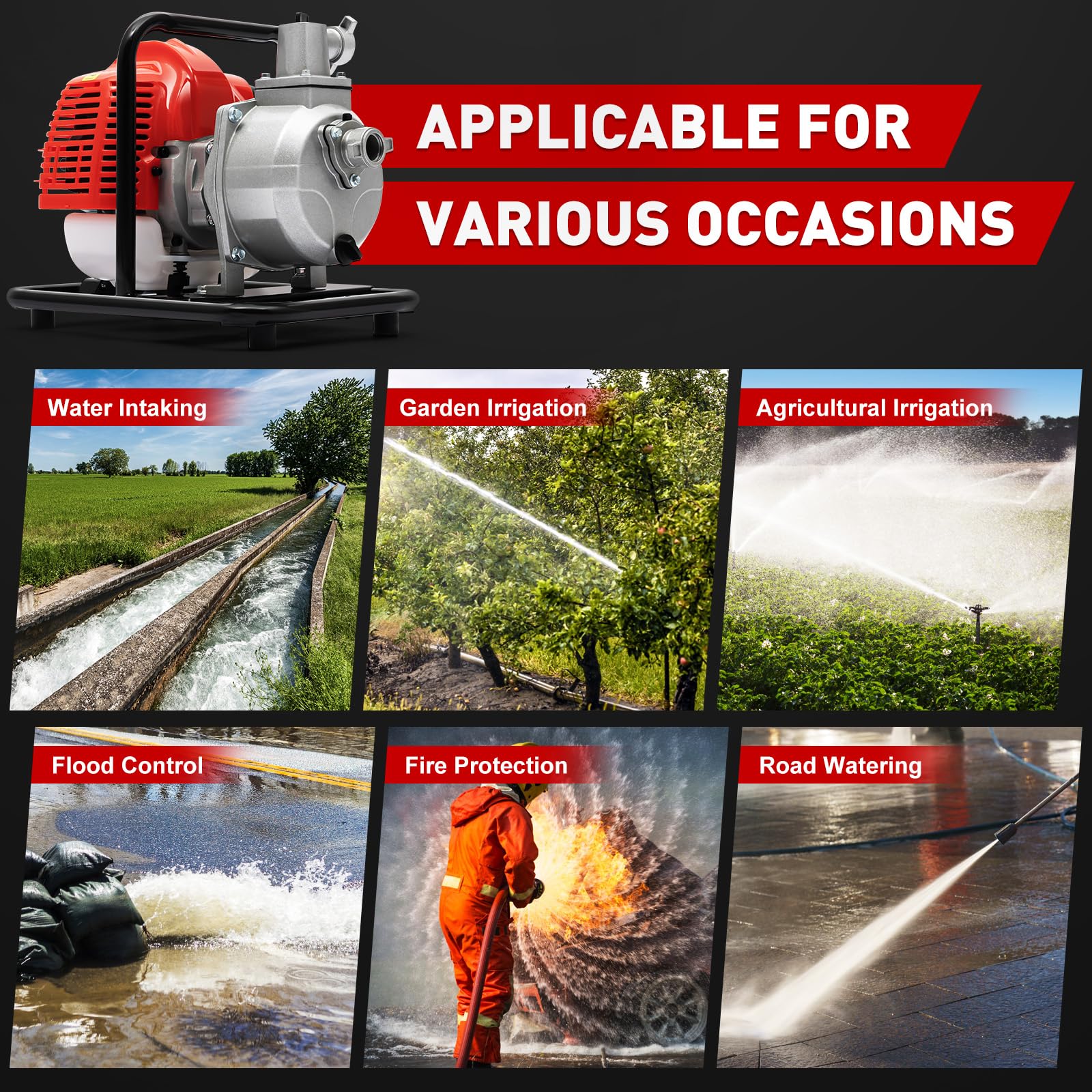 Water Pump, 40.2CC Gasoline Engine Water Pump, 1.7HP 1 Inch High Pressure Water Transfer Pump for Irrigation Pool, Landscaping or Gardening Irrigation