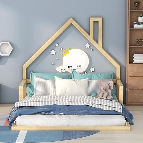 Harper & Bright Designs Cama matrimonial para niños con cabecera en forma de casa, cama matrimonial con listones de madera maciza, marco de cama de