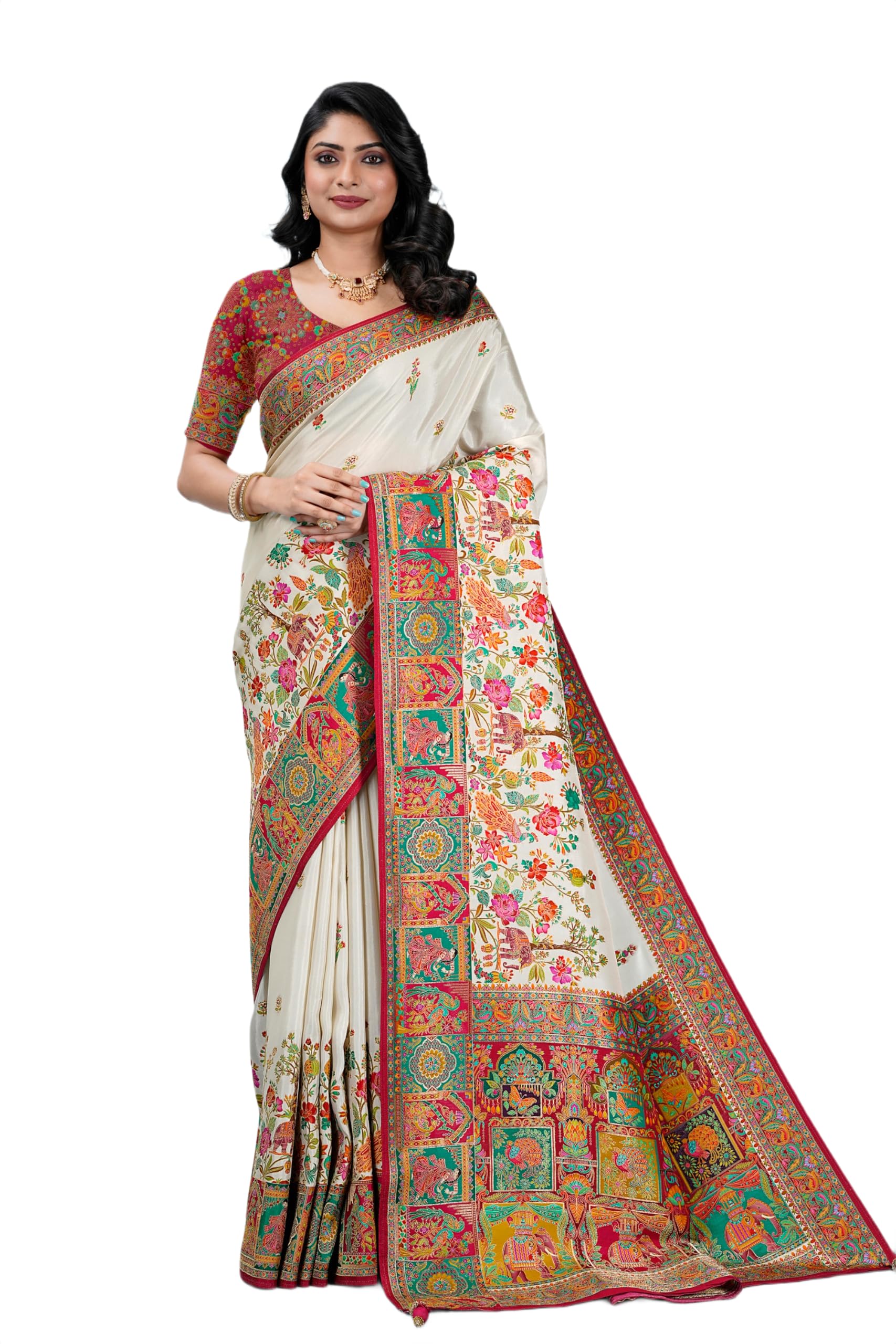 Women's Elephant Darbar Print Saree with Blouse Piece | Art Silk | Buti Body with Elephant and Darbar Print | Kalka Panel Pallu | 5.5 m | 1 m Unstitched Blouse | Free Size-image-42