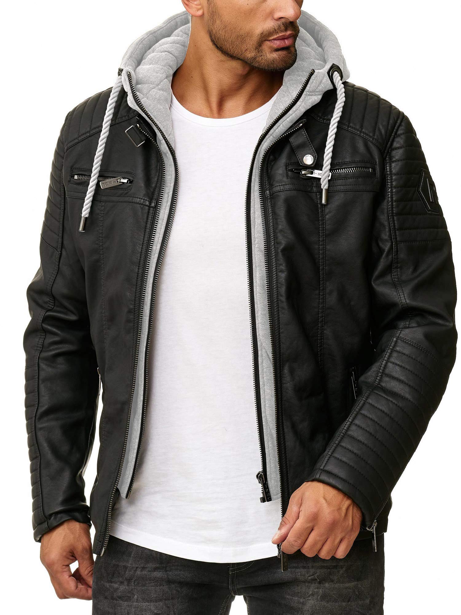 Red Bridge Men's Black - Grey Faux Lether Jacket Transition Biker Jacket With Hooded Modern 2In1 (L, )