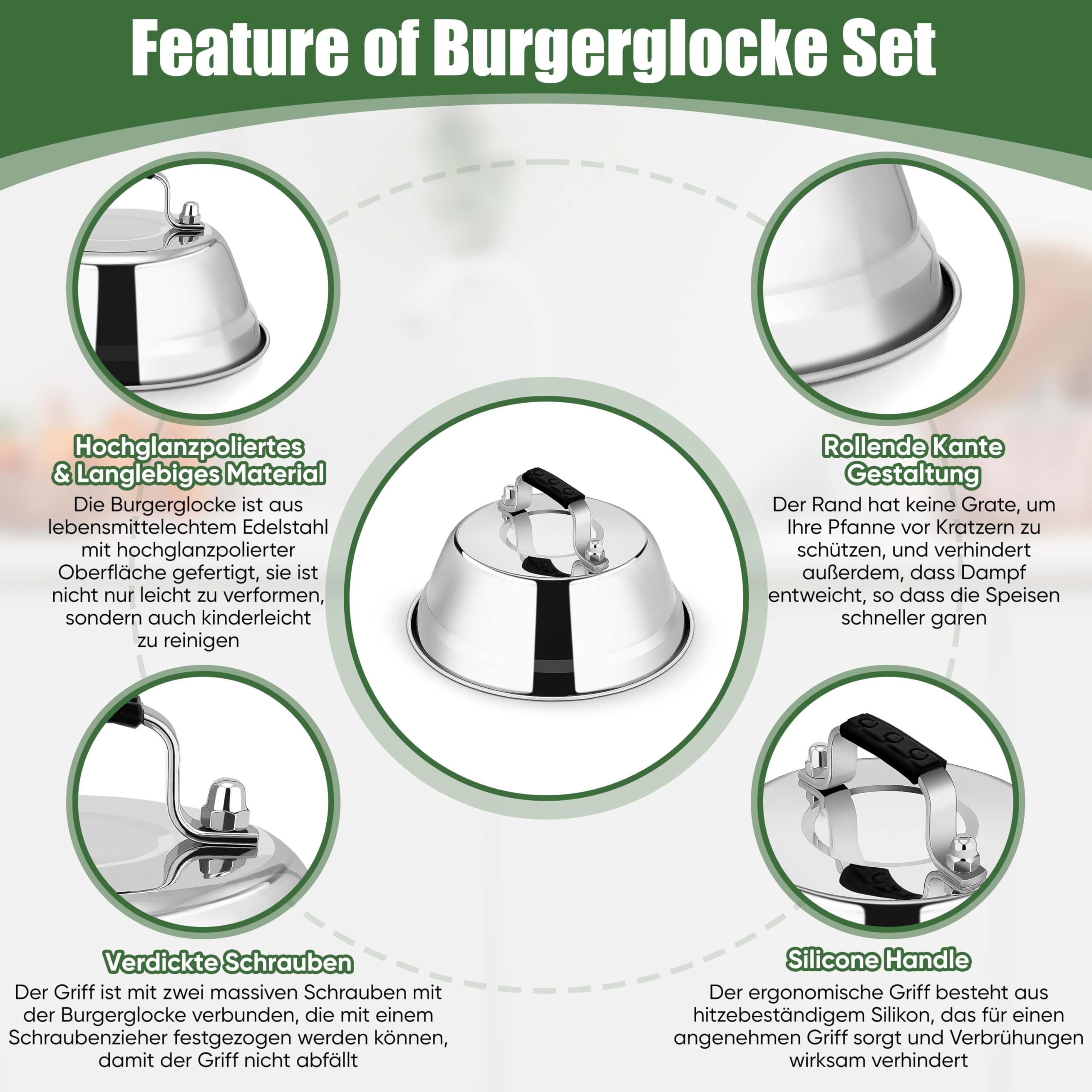 Homikit Dzwonek do burgerów, 2 sztuki ze stali nierdzewnej dzwonek do burgerów z żaroodpornym silikonowym uchwytem, zestaw kopuł/dzwonków do topienia burgerów do grilla i steków burgerowych