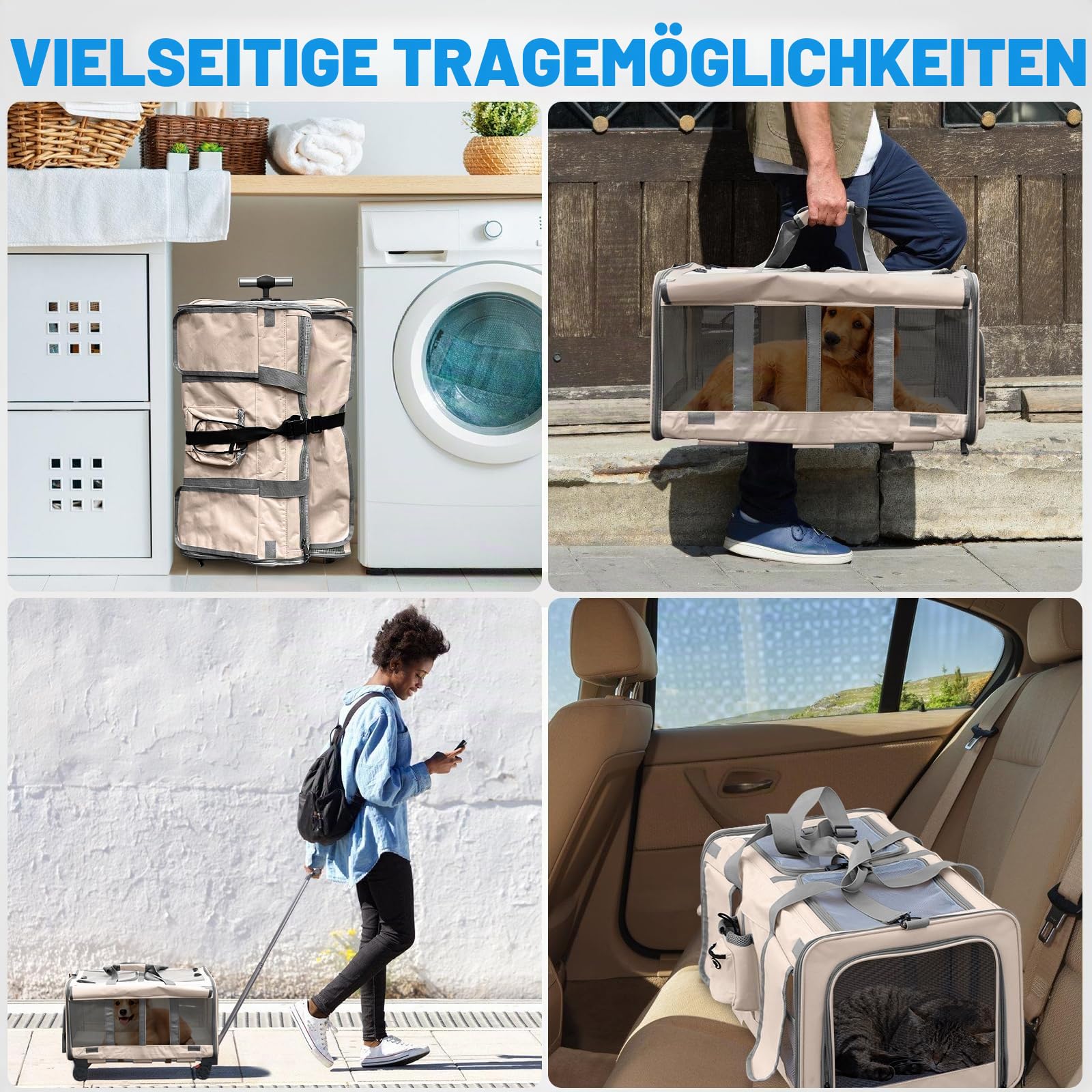 Große Katzentragetasche, Katzentrage für 2 Katzen, faltbare Haustiertragetasche auf Rädern, 2-in-1 abnehmbare Fächer, mit kostenlosem Katzen-Teaser-Zauberstab & Aufbewahrungsgurt