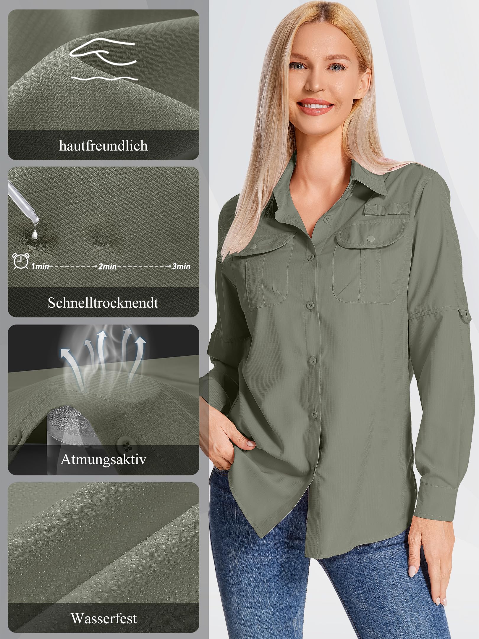 Camicia da Safari a Maniche Lunghe da Donna - Tessuto Traspirante ad Asciugatura Rapida - Protezione Solare UPF - Ideale per Pesca, Escursionismo, Trekking, Campeggio e Viaggi