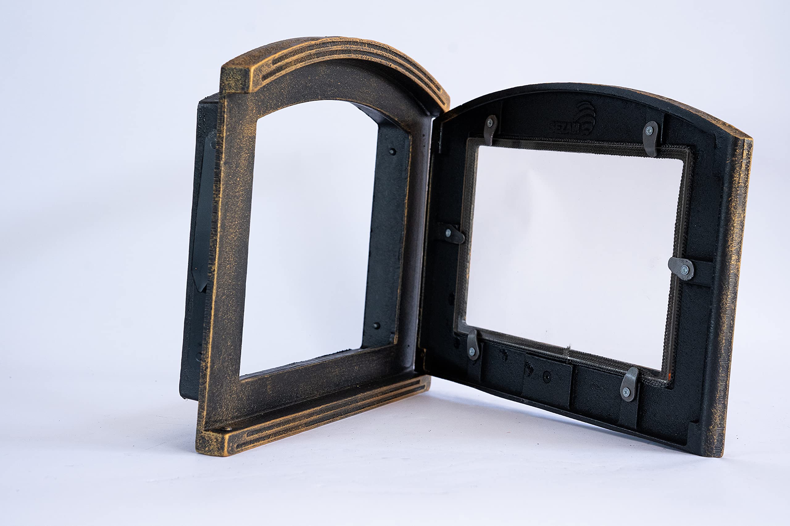 SEZAM Backofentür aus Gusseisen mit hitzebeständiger Glasscheibe, nach rechts öffnend, Pizzaofentür - Brotofen - Steinofentür, 37 x 6 x 31,5 cm - halbrund, altgoldfarbene Bemalung