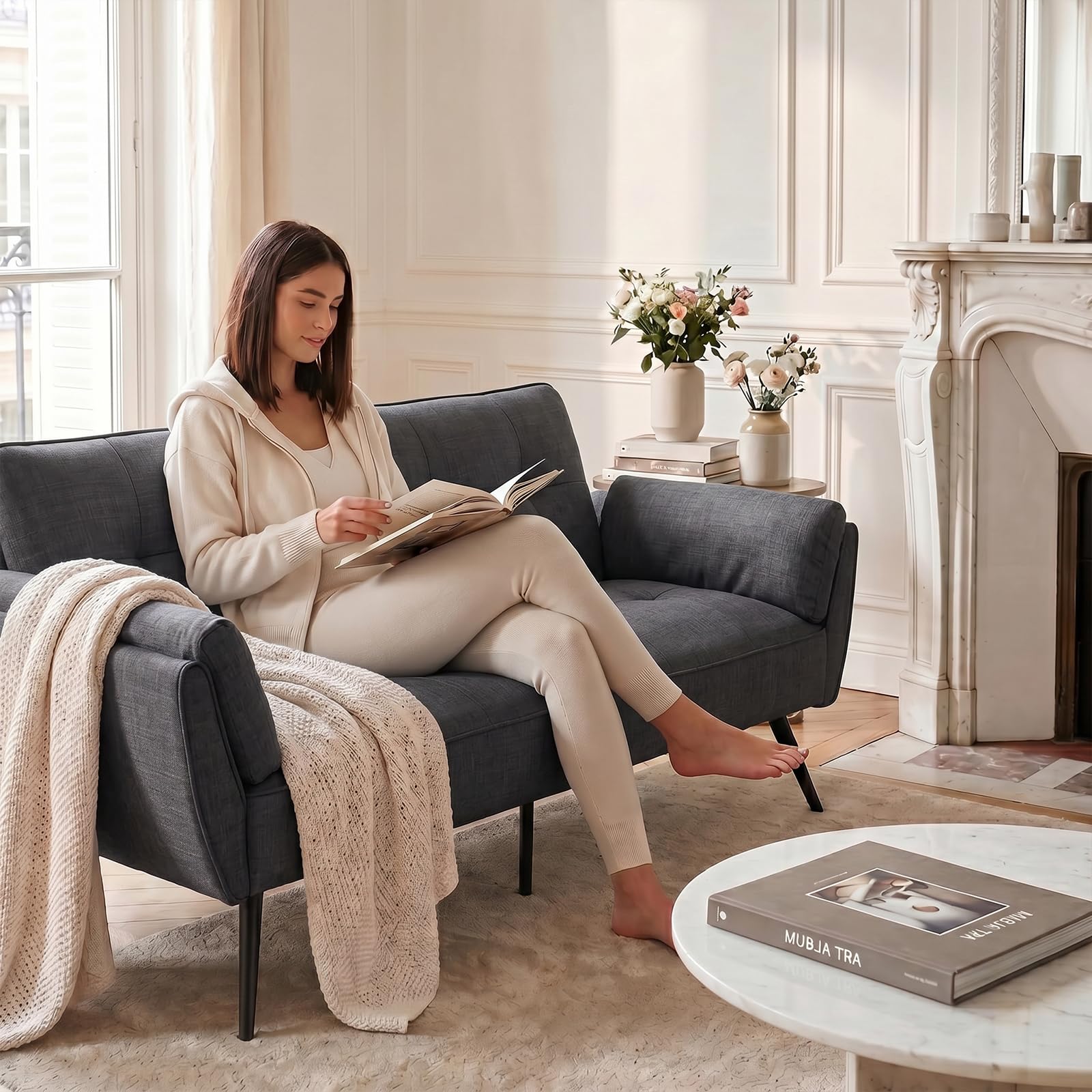 JIEXI Divano letto futon convertibile a 3 posti, moderno in tessuto, con 3 angoli regolabili, 170 cm, divano letto per gli ospiti con gambe in legno, resistente, 230 kg, grigio (170 cm, grigio)