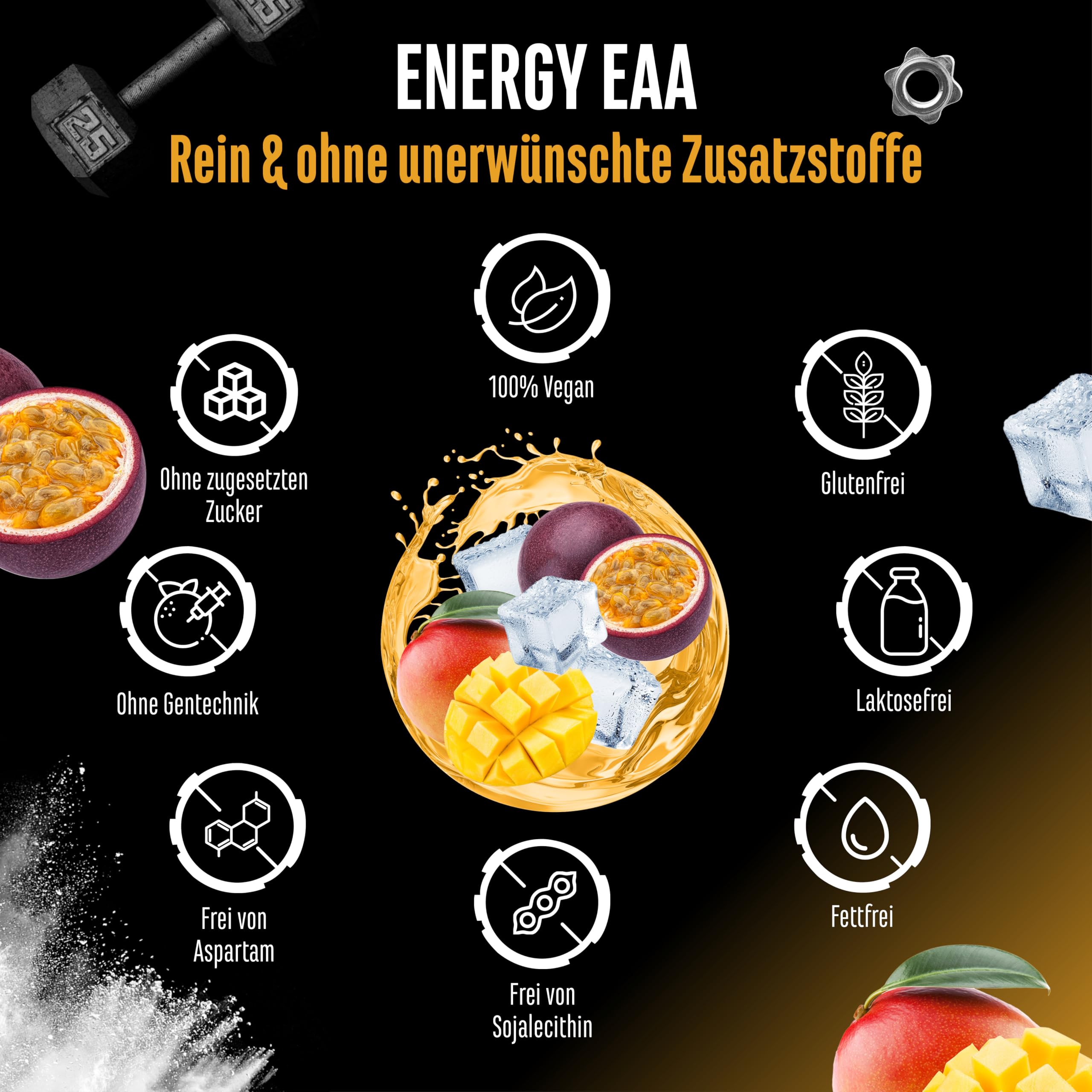 EAA Energy Mix - 500 g - Amino Matrix + Focus Matrix - Zuckerfreie Alternative zu Energy Drinks - Mit Koffein, Taurin, Guarana, N-Acetyl-L-Tyrosin - Pre Workout Booster - Vegan (Mango Maracuja) | Mango Maracuja, Zuckerfrei, mit Koffein, Taurin, Guarana &