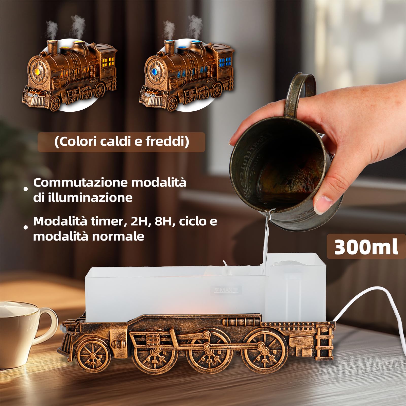 Diffusore di Oli Essenziali a Forma di Treno, Diffusore di Aromaterapia a Nebbia Fredda 2 Luci e 2 Modalità di Nebbia, Spegnimento Automatico per Camera da Letto, Soggiorno Ultrasonic Aroma Diffuser